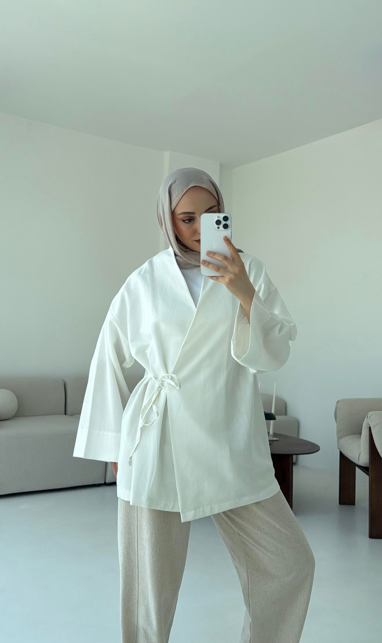 Pamuk Keten Yandan Bağlamalı Kimono Beyaz