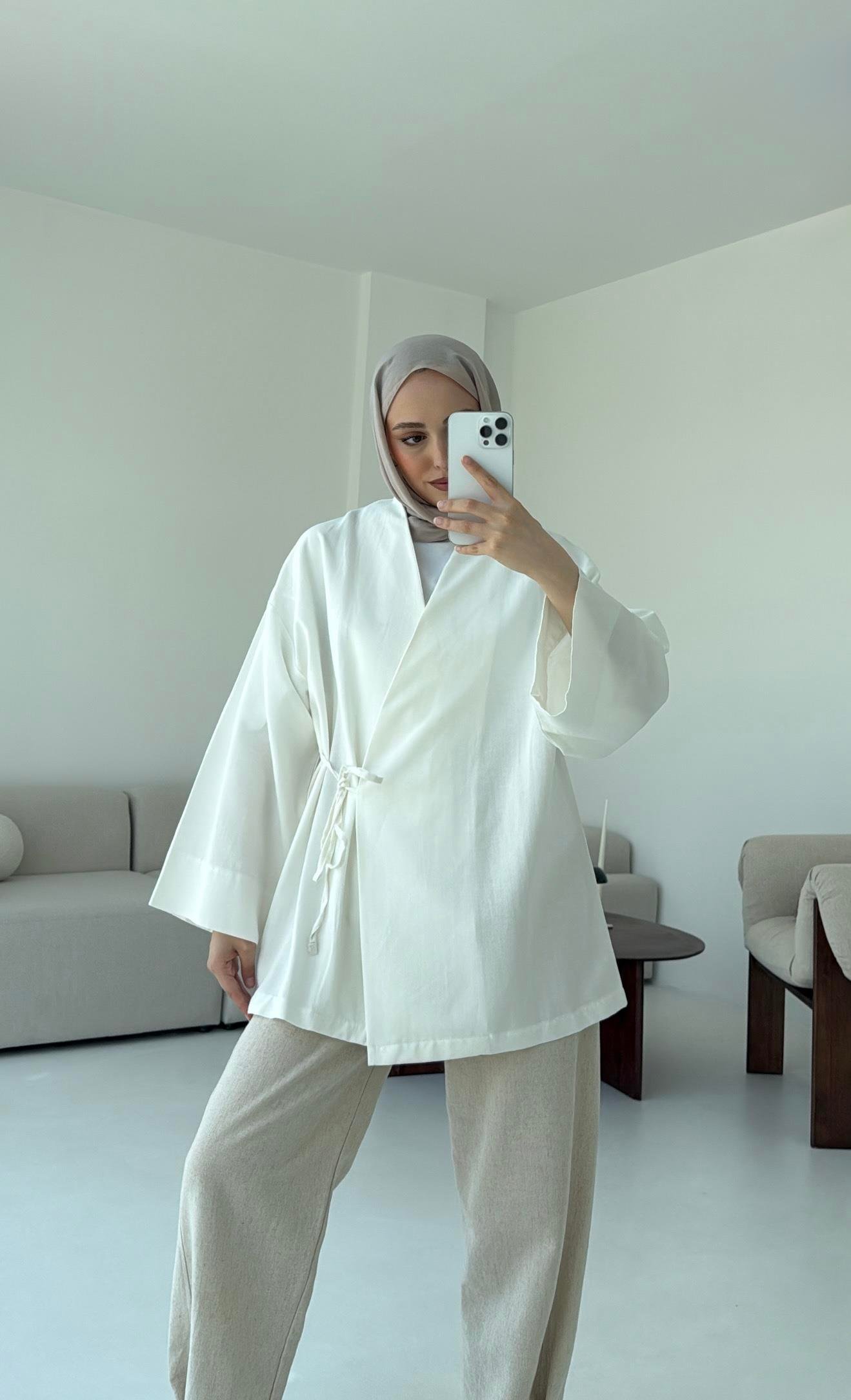 Pamuk Keten Yandan Bağlamalı Kimono Beyaz