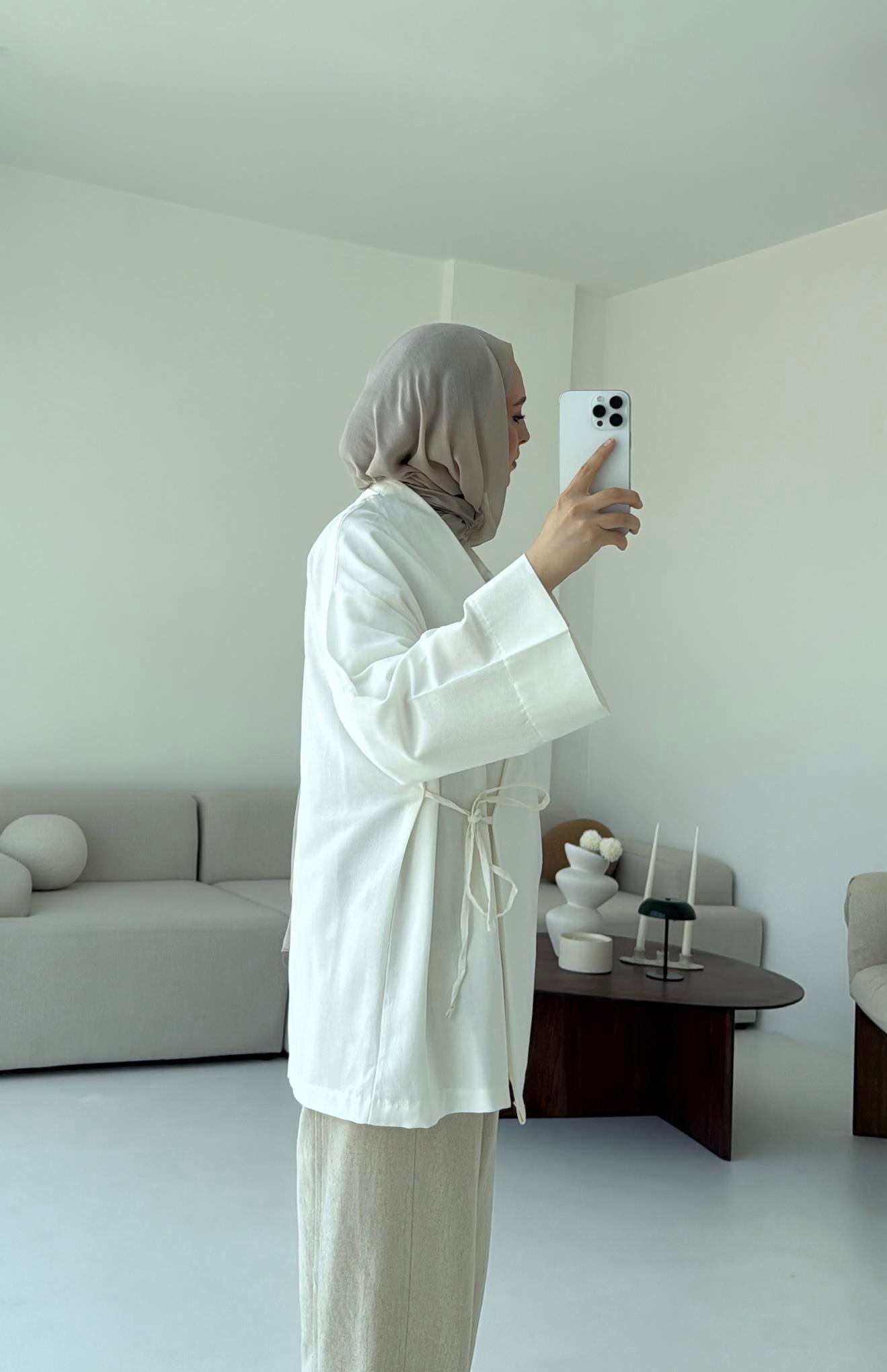 Pamuk Keten Yandan Bağlamalı Kimono Beyaz