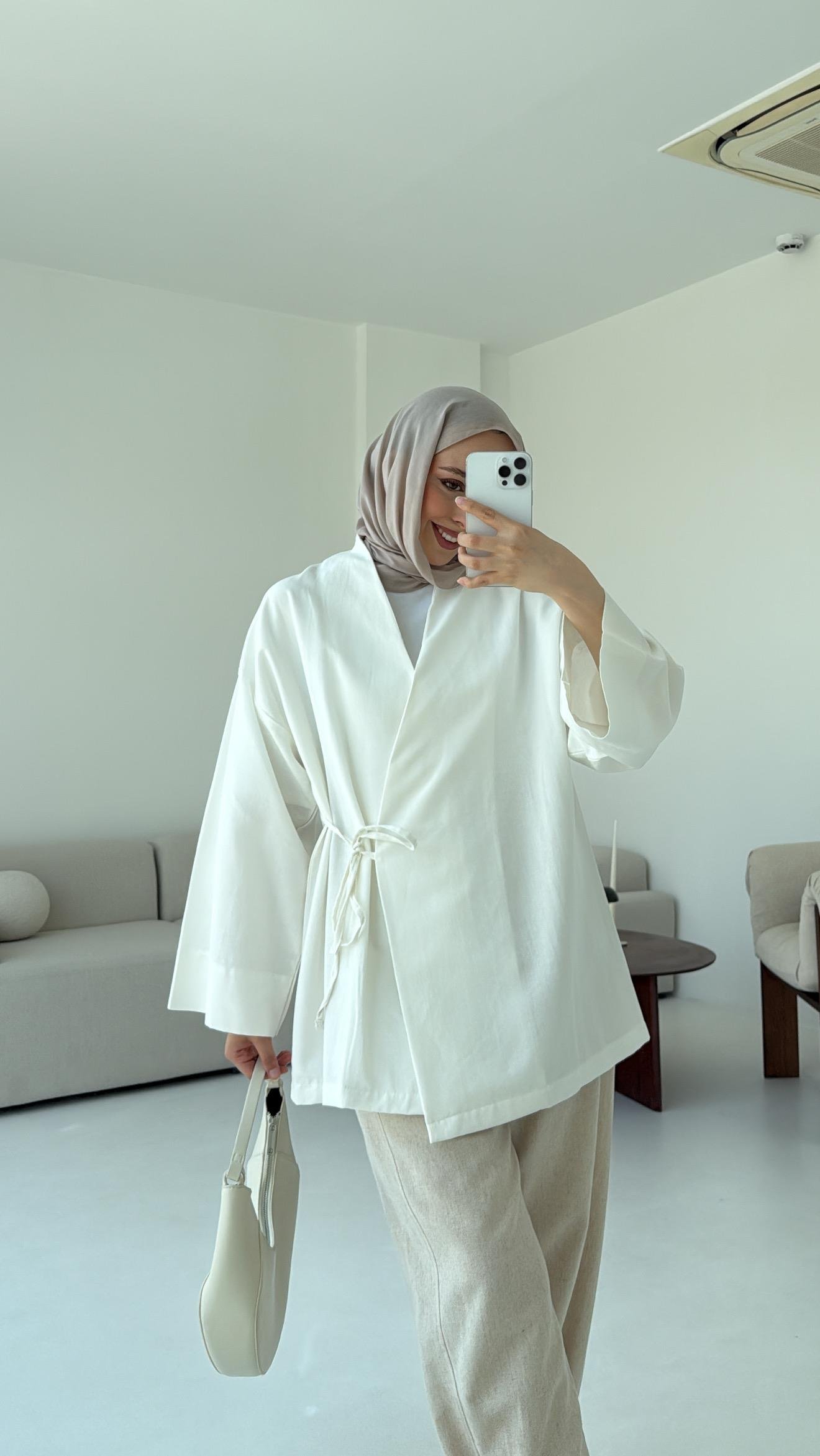 Pamuk Keten Yandan Bağlamalı Kimono Beyaz