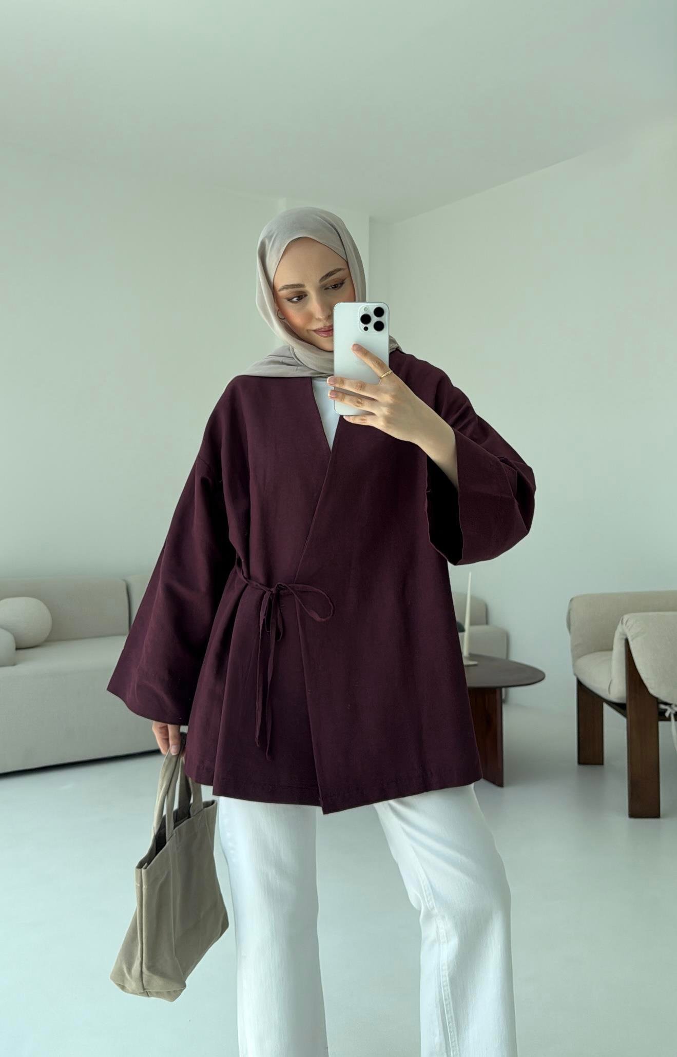 Pamuk Keten Yandan Bağlamalı Kimono Bordo