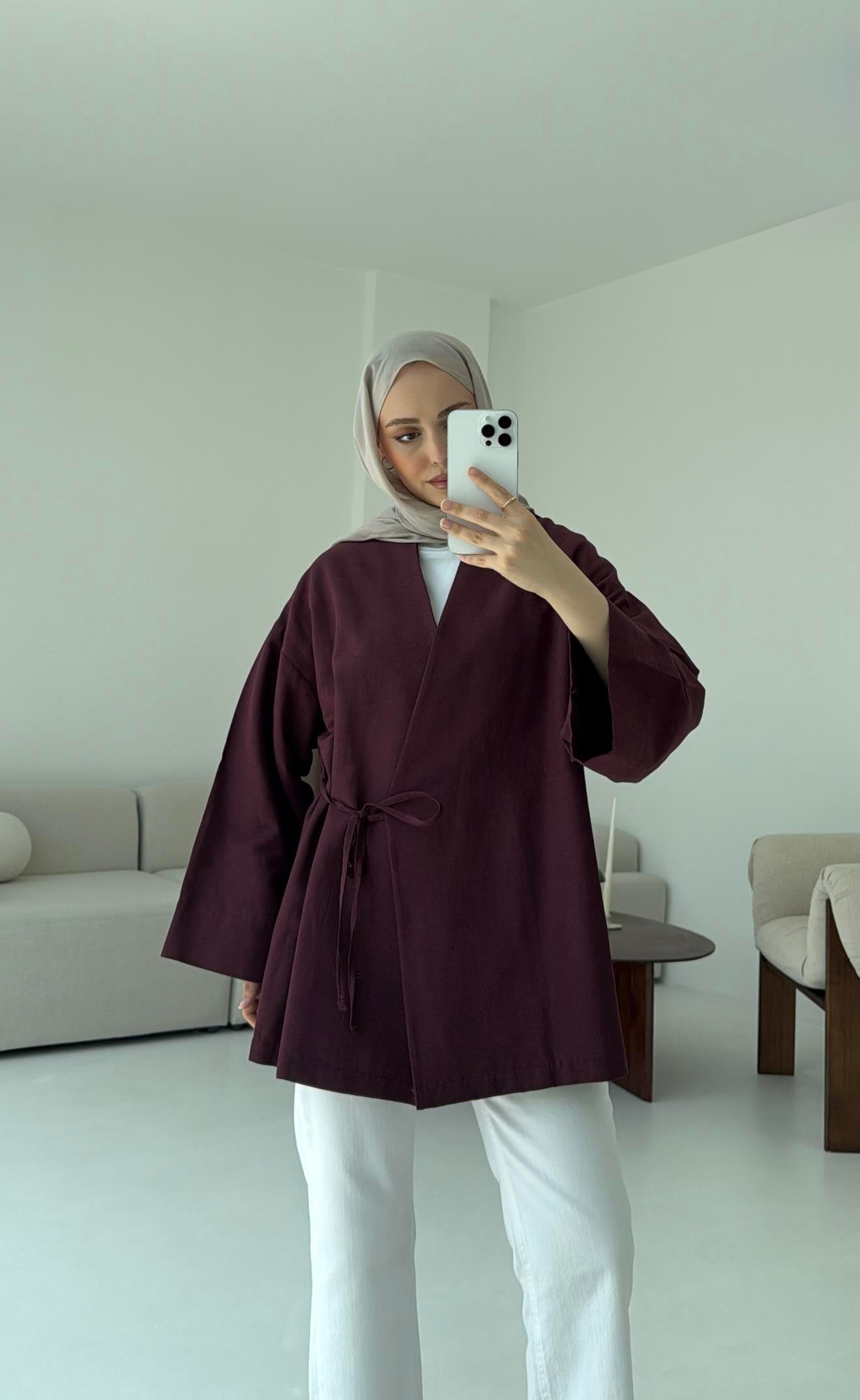 Pamuk Keten Yandan Bağlamalı Kimono Bordo