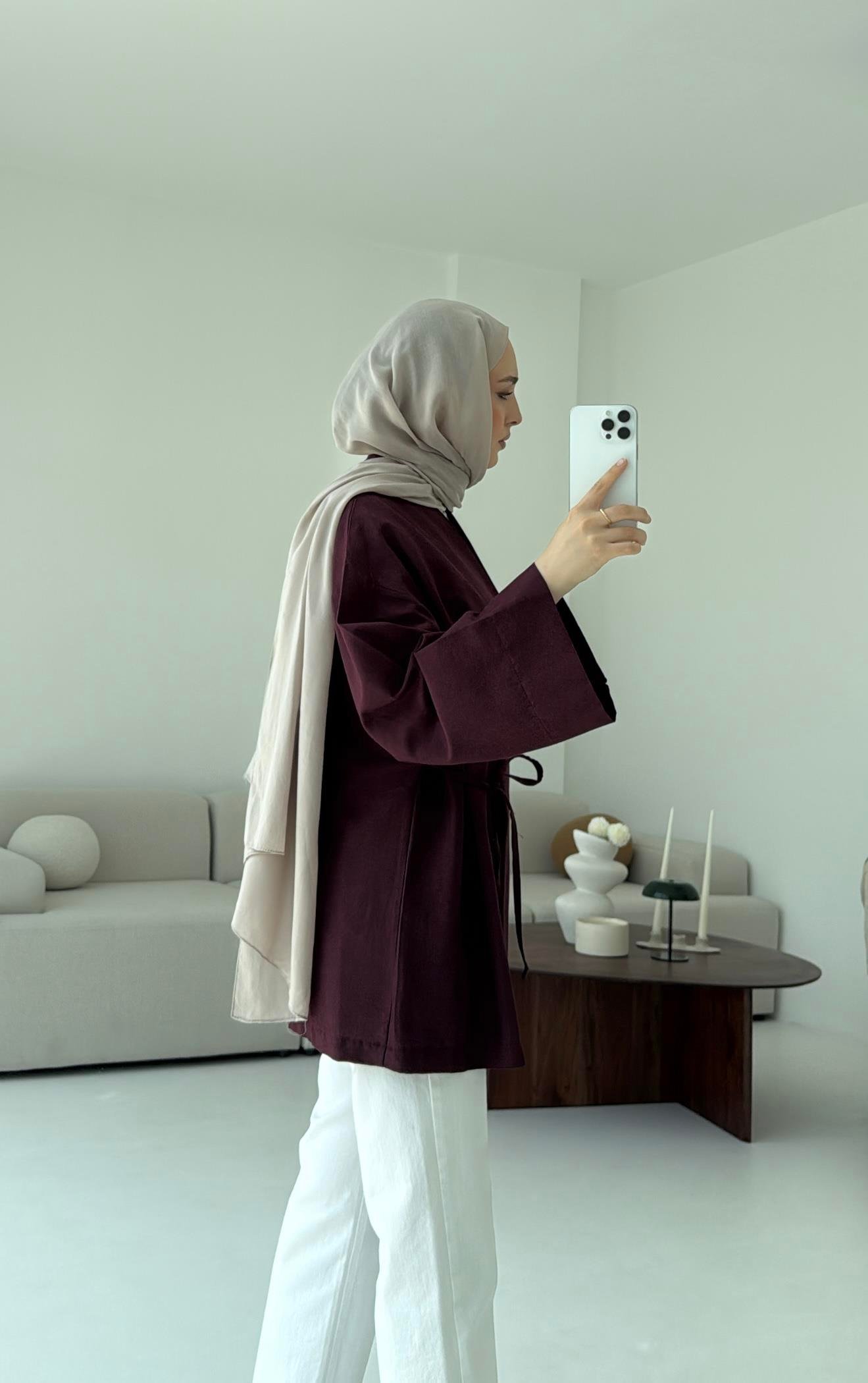 Pamuk Keten Yandan Bağlamalı Kimono Bordo