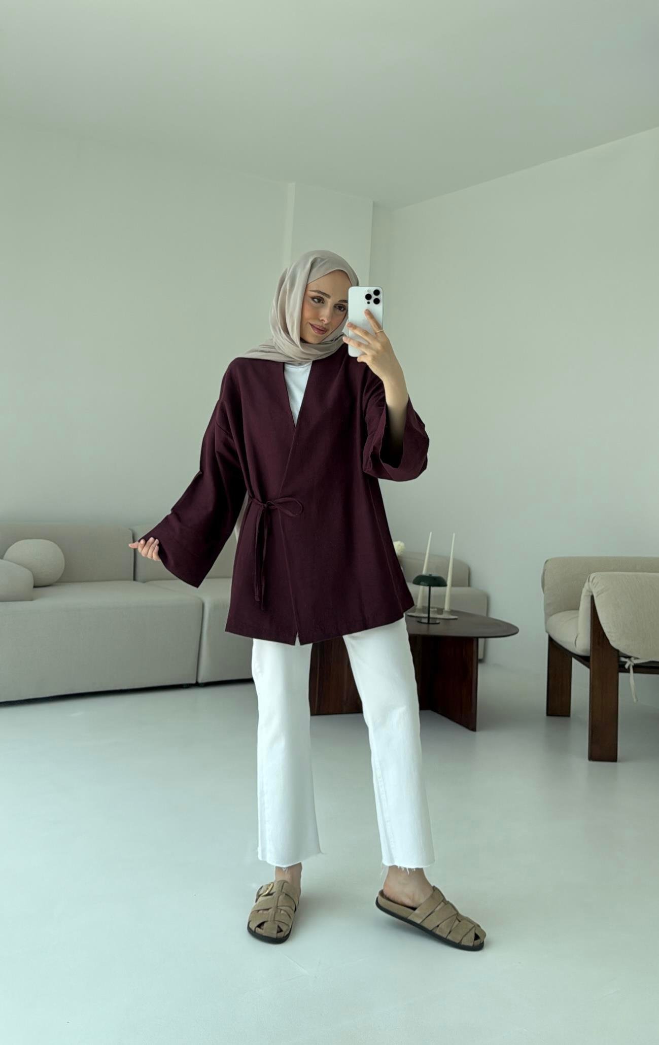 Pamuk Keten Yandan Bağlamalı Kimono Bordo