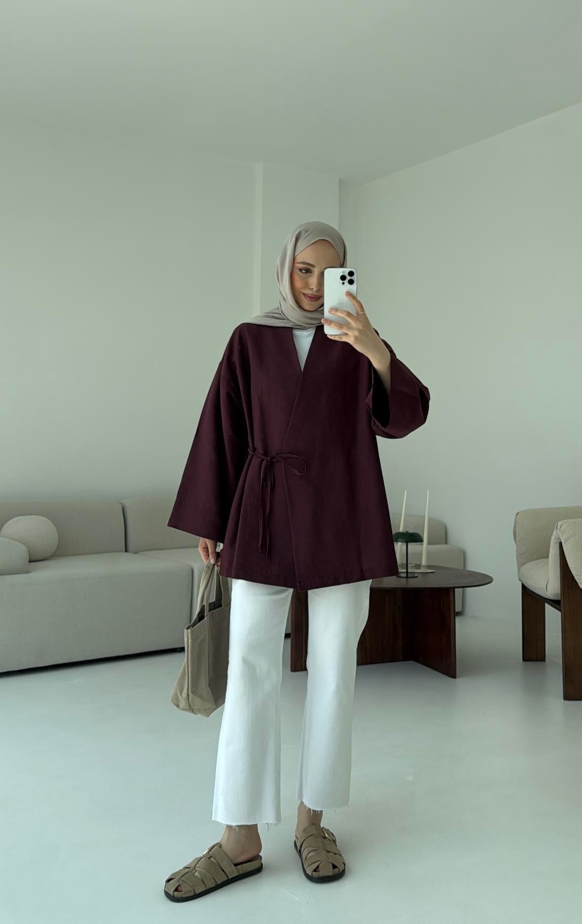 Pamuk Keten Yandan Bağlamalı Kimono Bordo