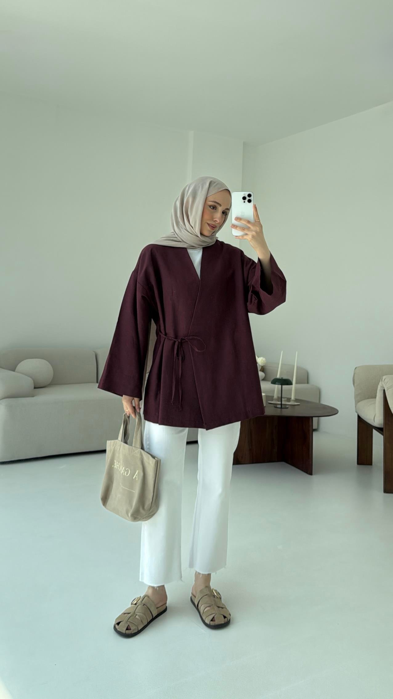 Pamuk Keten Yandan Bağlamalı Kimono Bordo