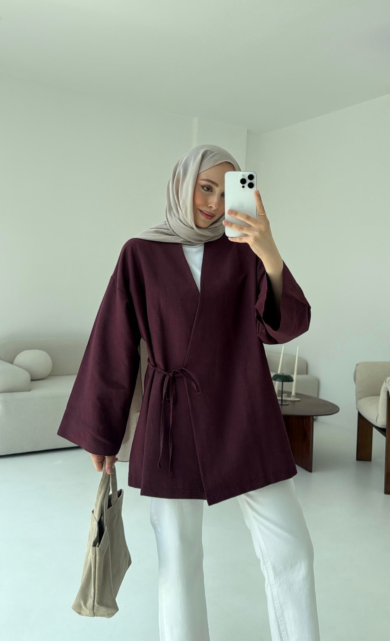 Pamuk Keten Yandan Bağlamalı Kimono Bordo
