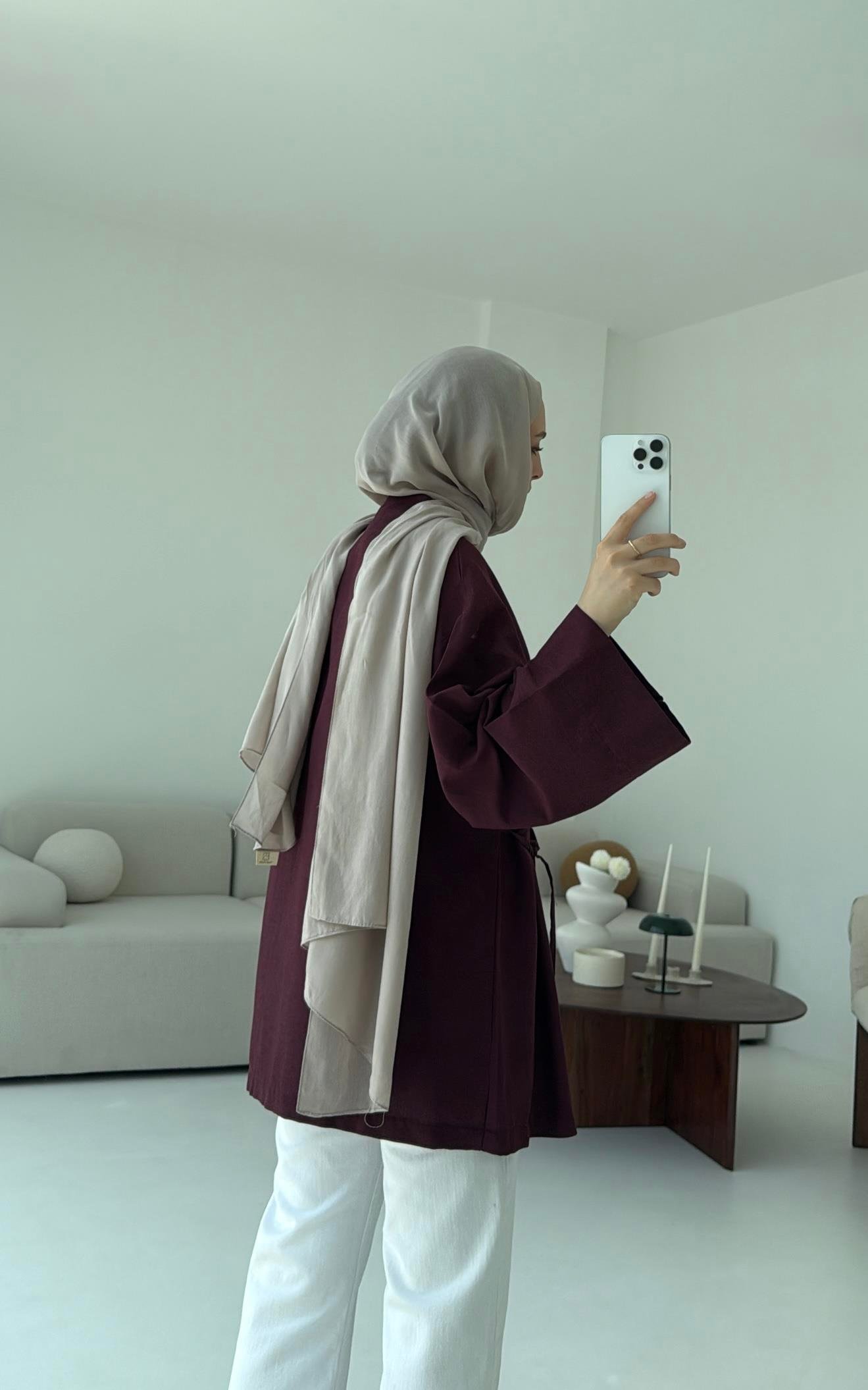 Pamuk Keten Yandan Bağlamalı Kimono Bordo