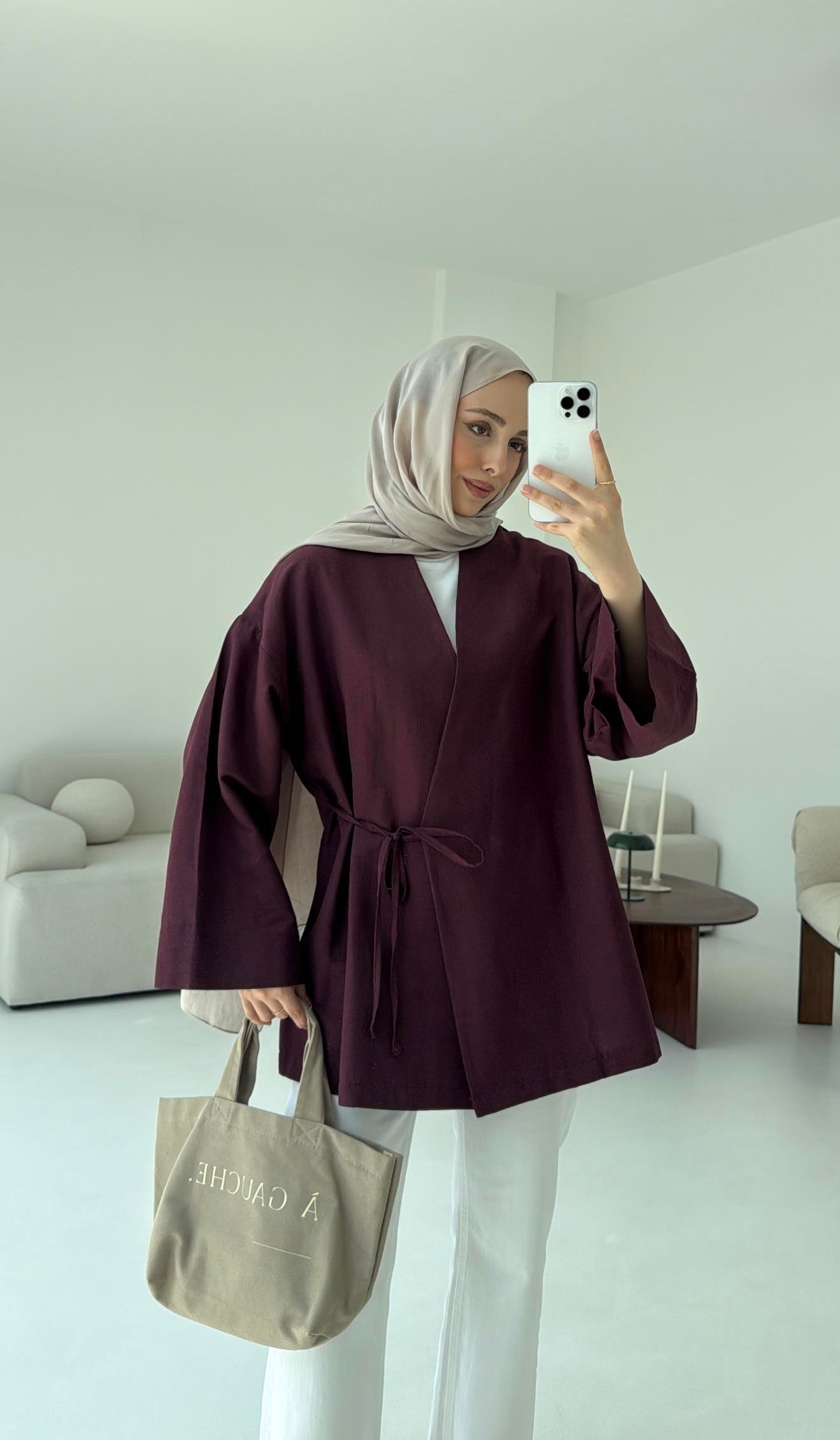 Pamuk Keten Yandan Bağlamalı Kimono Bordo