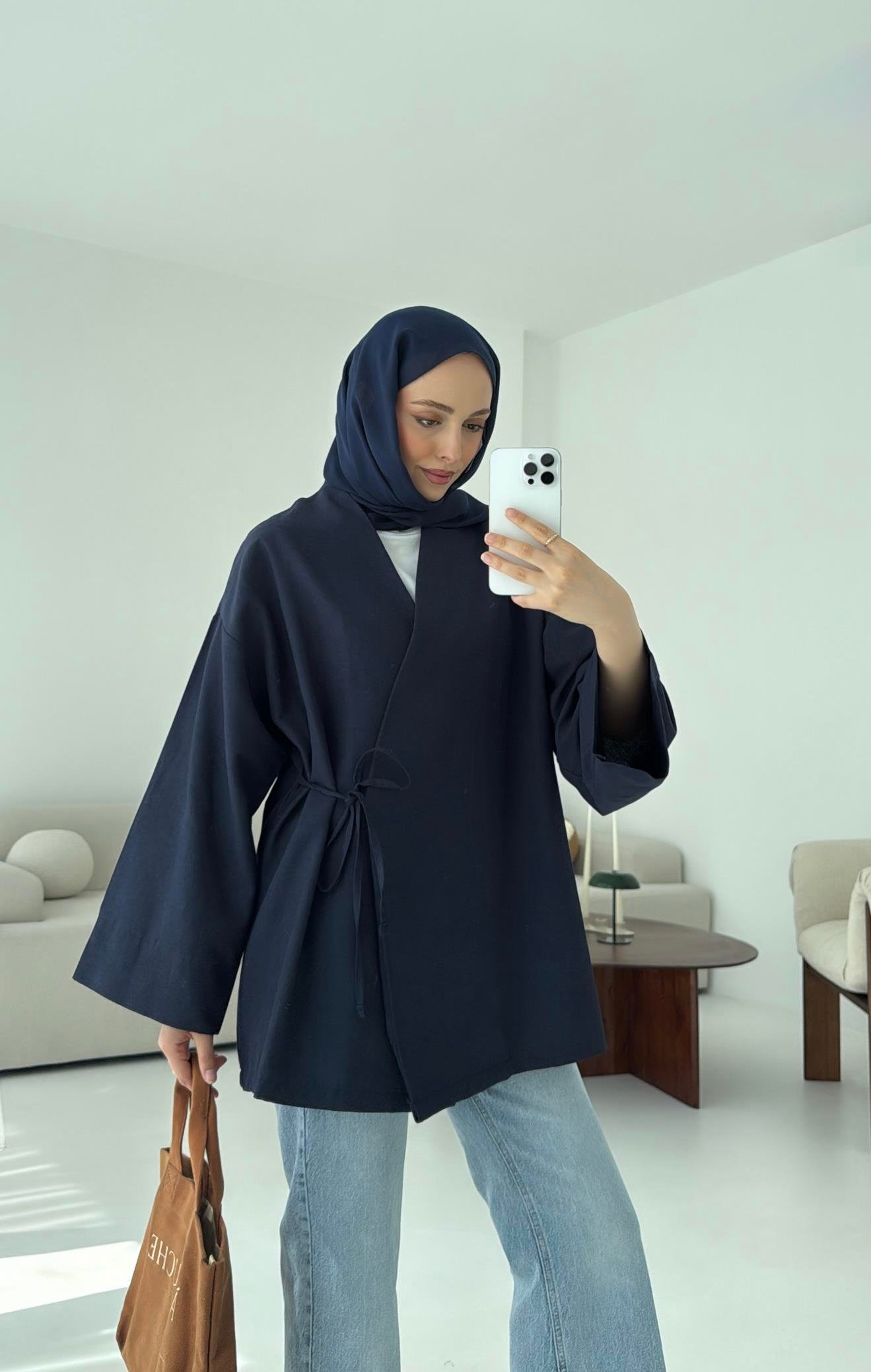 Pamuk Keten Yandan Bağlamalı Kimono Lacivert