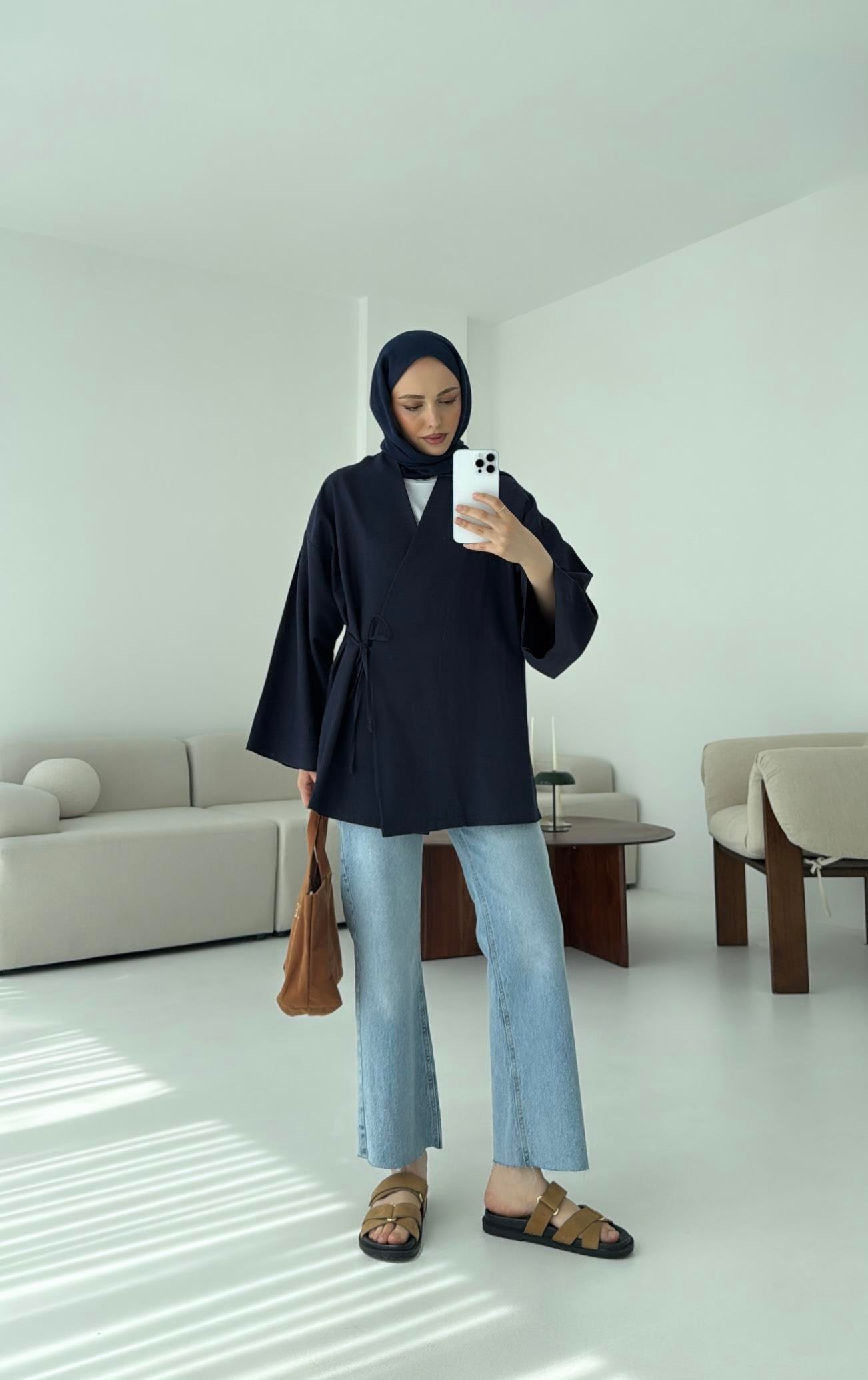 Pamuk Keten Yandan Bağlamalı Kimono Lacivert