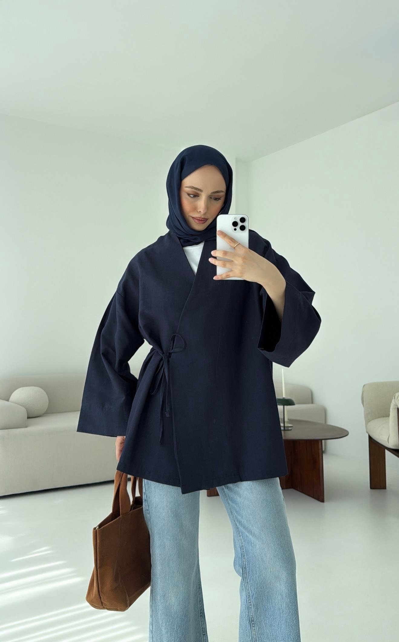 Pamuk Keten Yandan Bağlamalı Kimono Lacivert