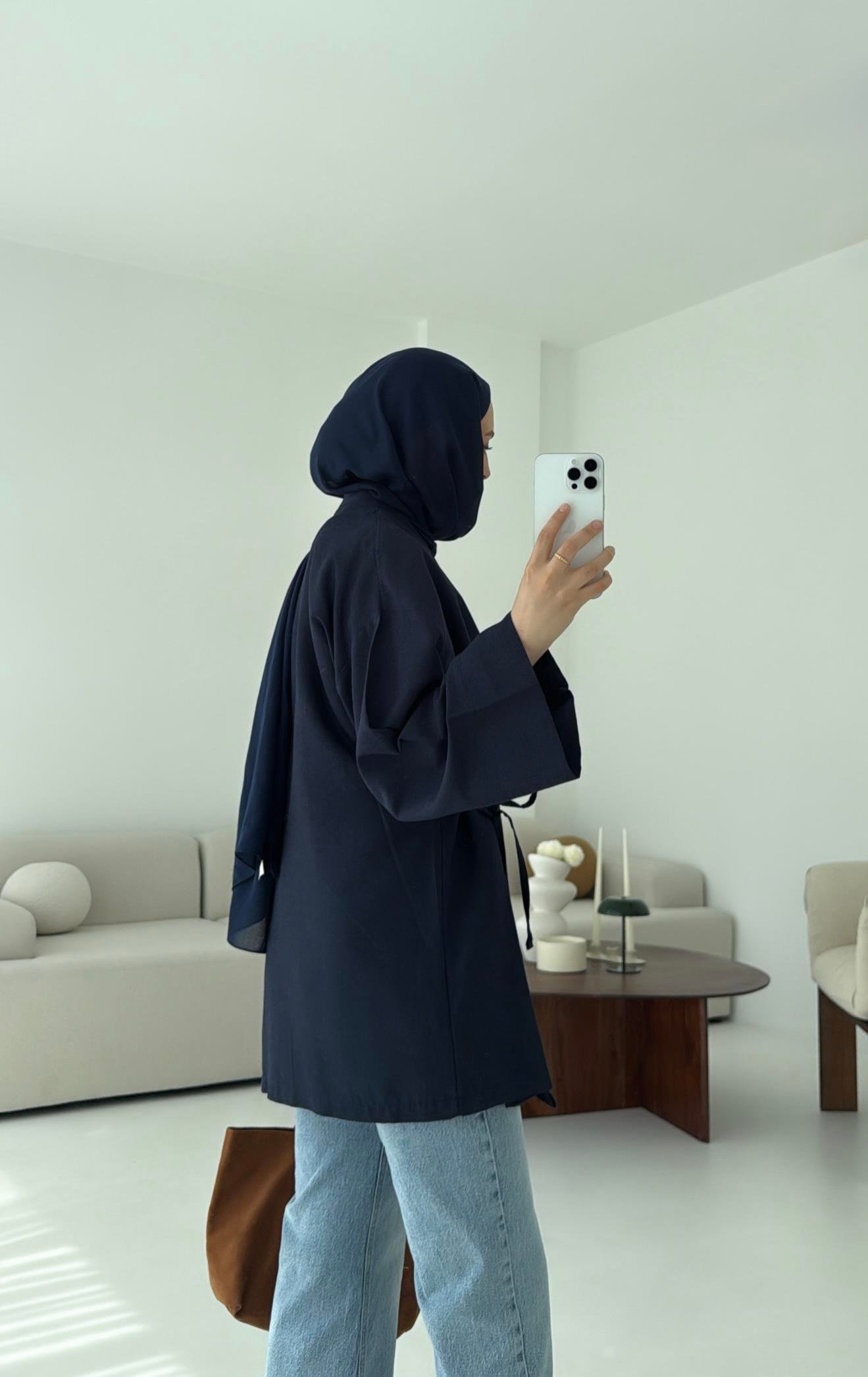 Pamuk Keten Yandan Bağlamalı Kimono Lacivert