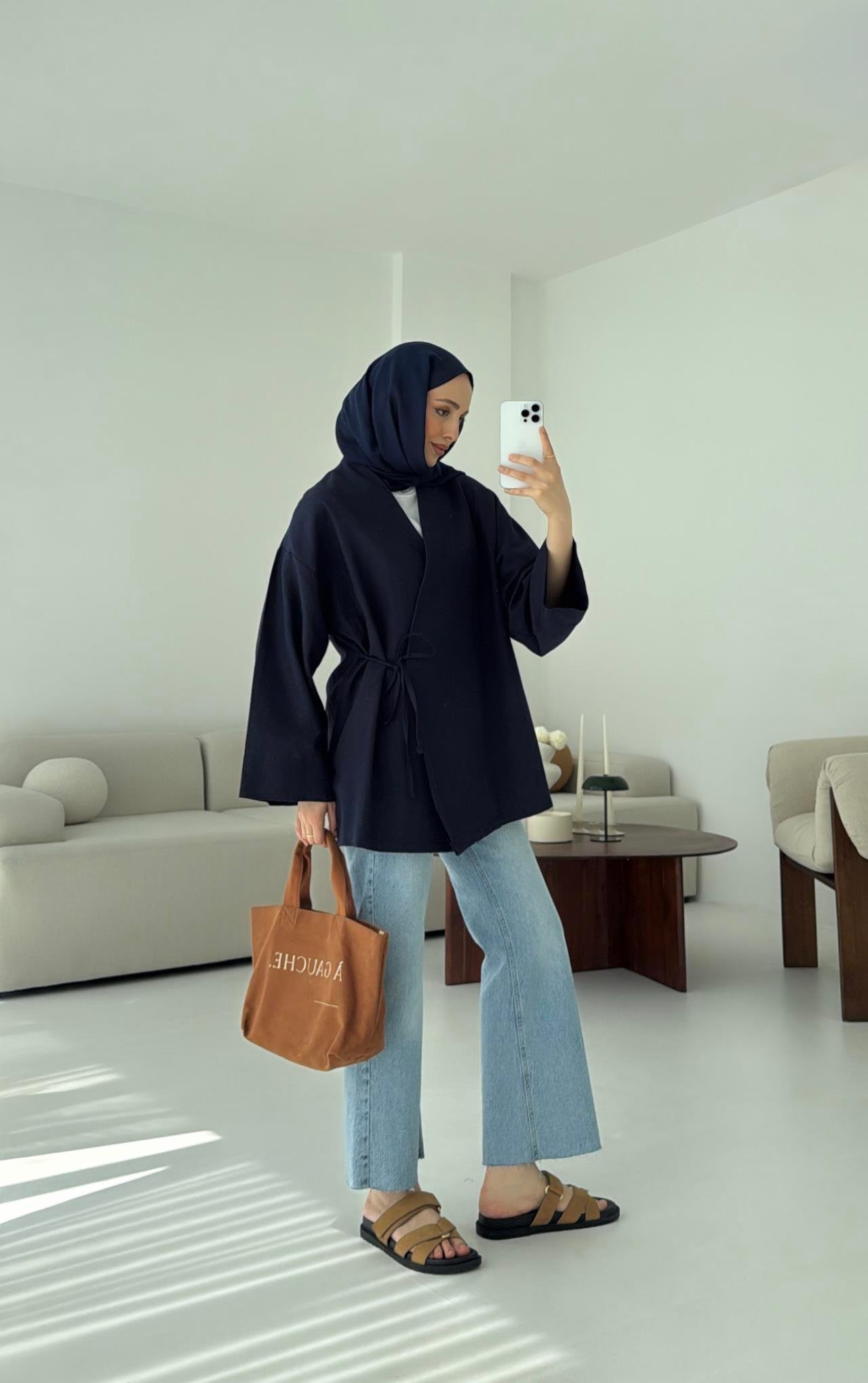Pamuk Keten Yandan Bağlamalı Kimono Lacivert