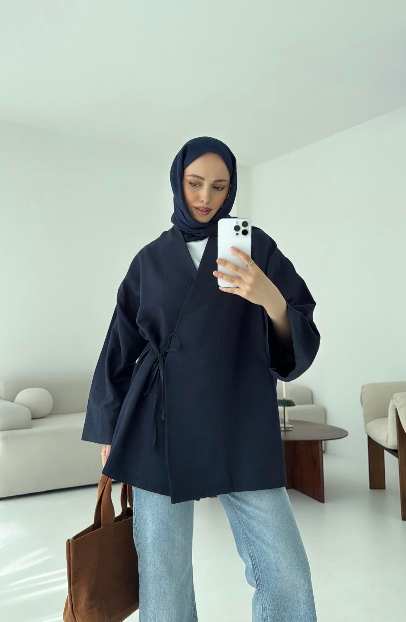 Pamuk Keten Yandan Bağlamalı Kimono Lacivert
