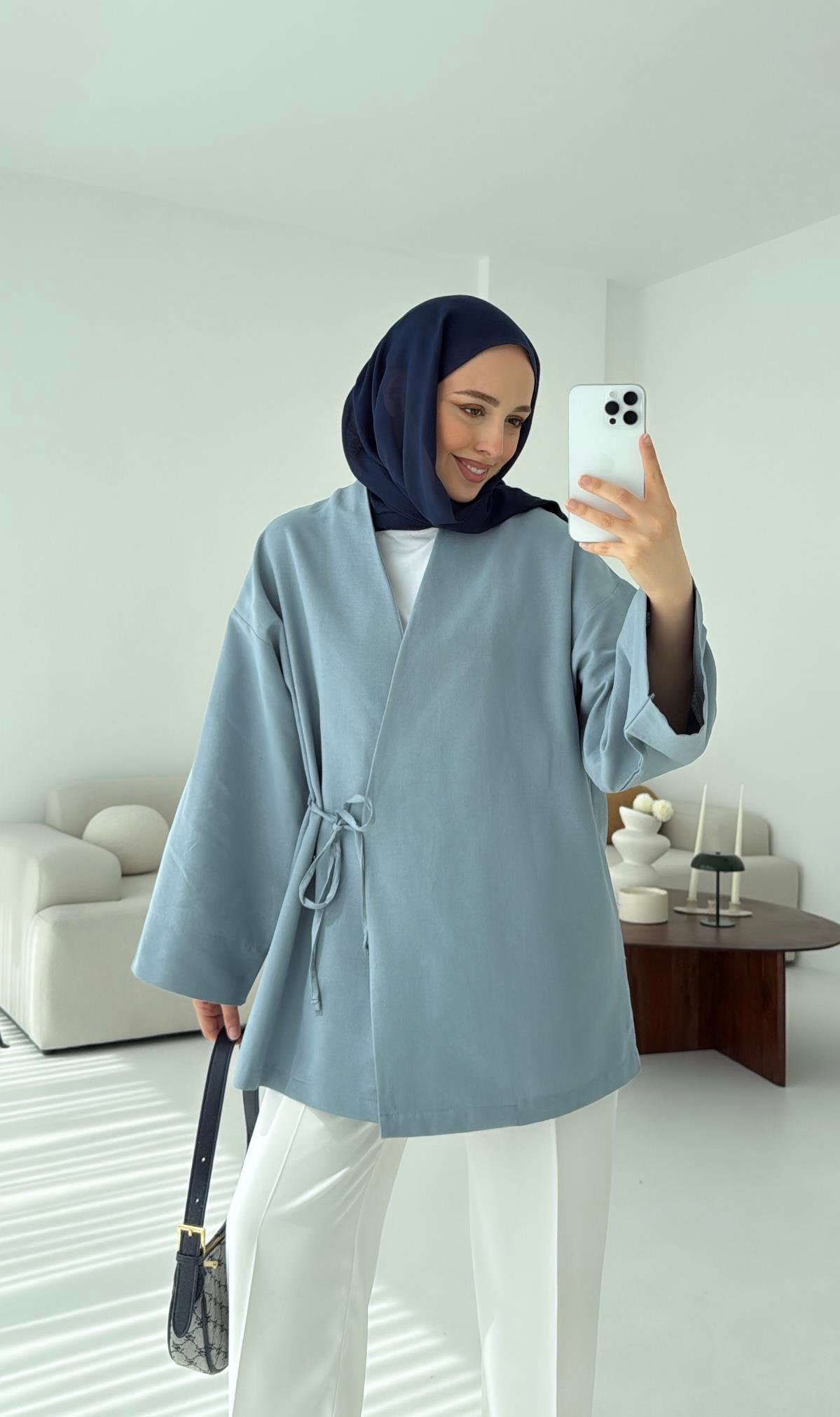 Pamuk Keten Yandan Bağlamalı Kimono Mavi