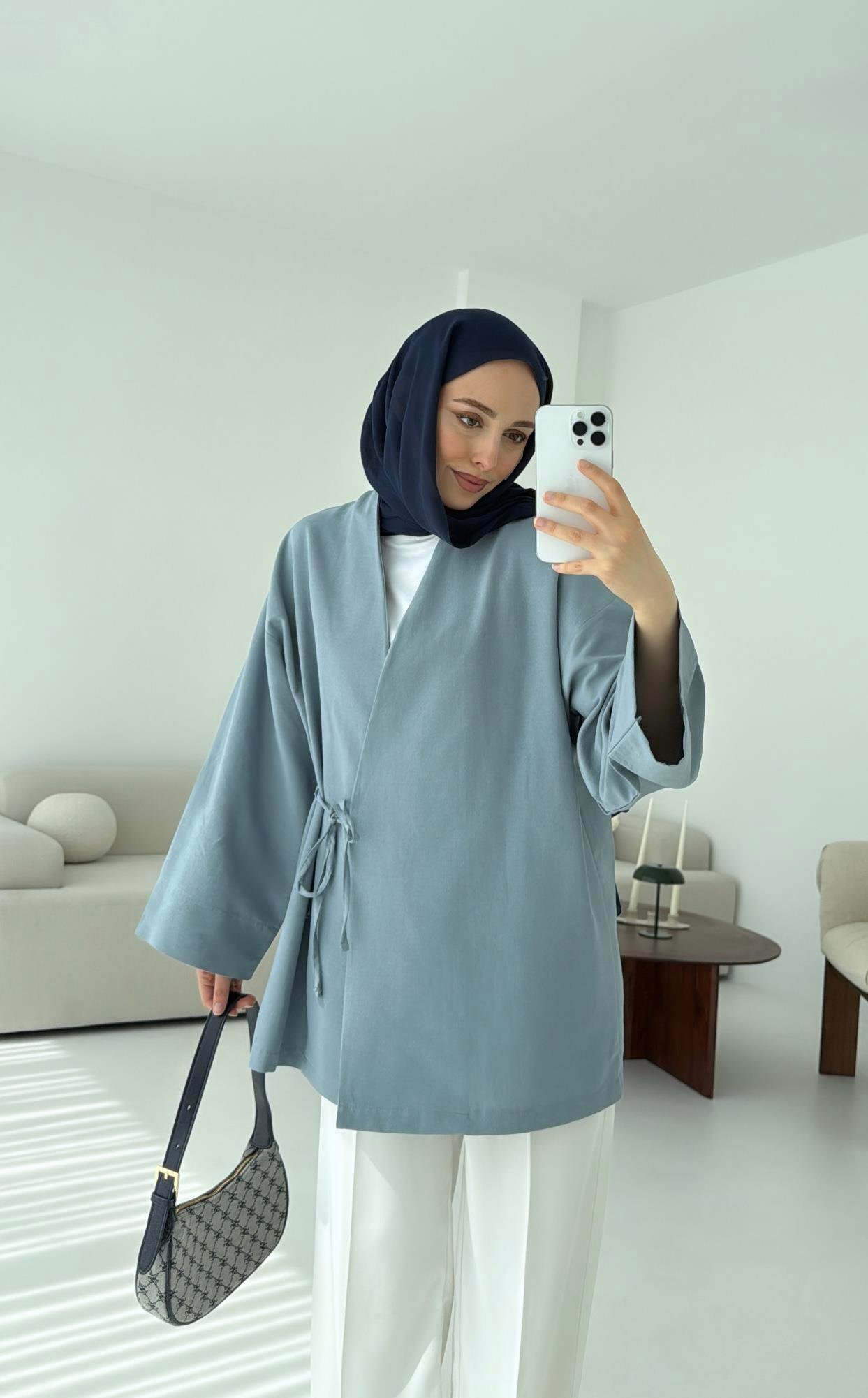 Pamuk Keten Yandan Bağlamalı Kimono Mavi