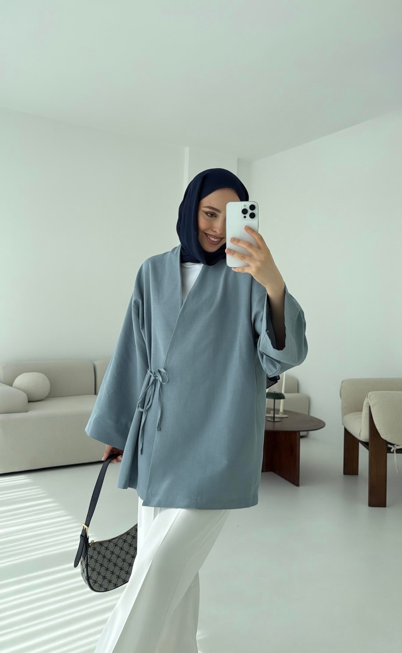 Pamuk Keten Yandan Bağlamalı Kimono Mavi