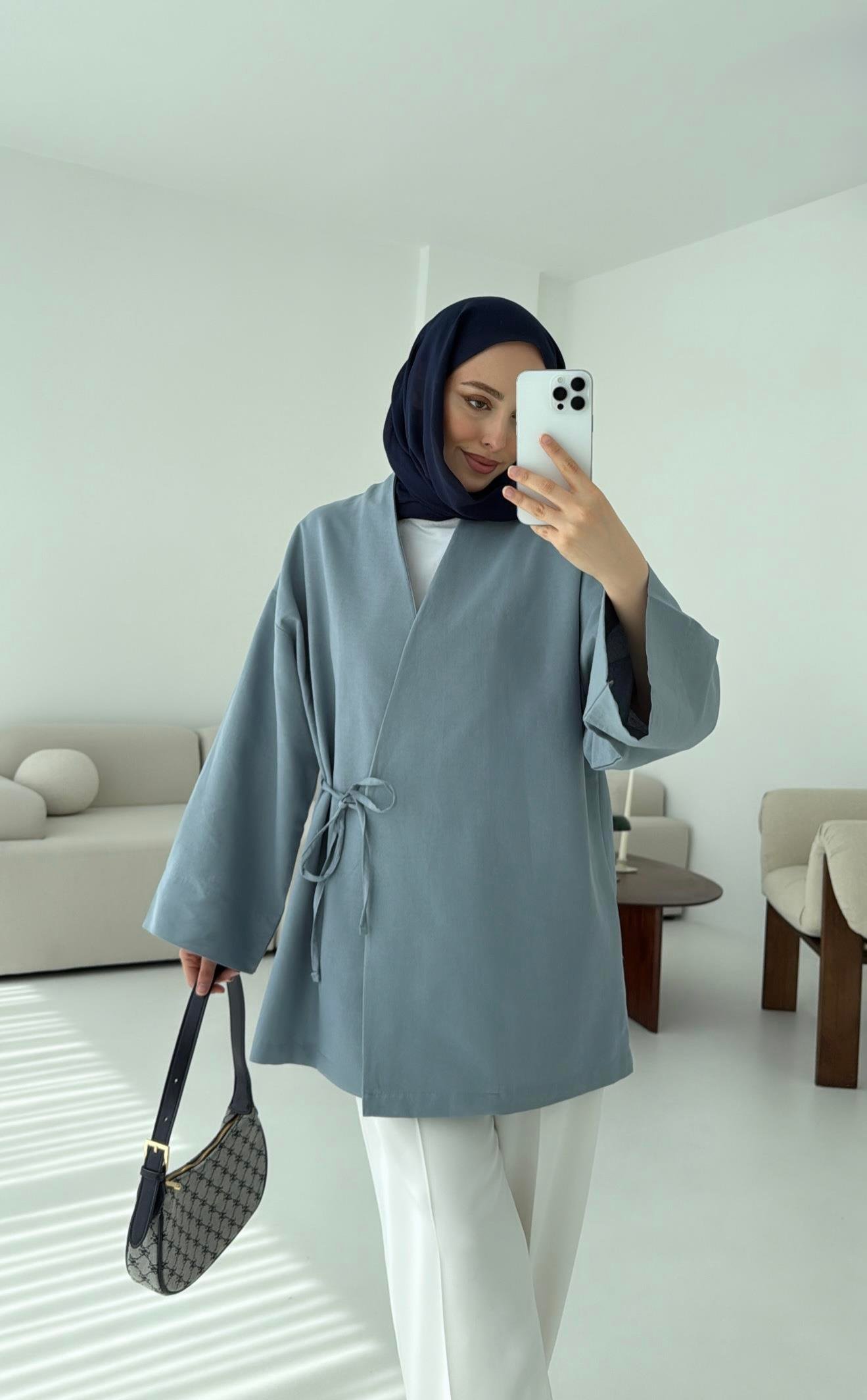 Pamuk Keten Yandan Bağlamalı Kimono Mavi