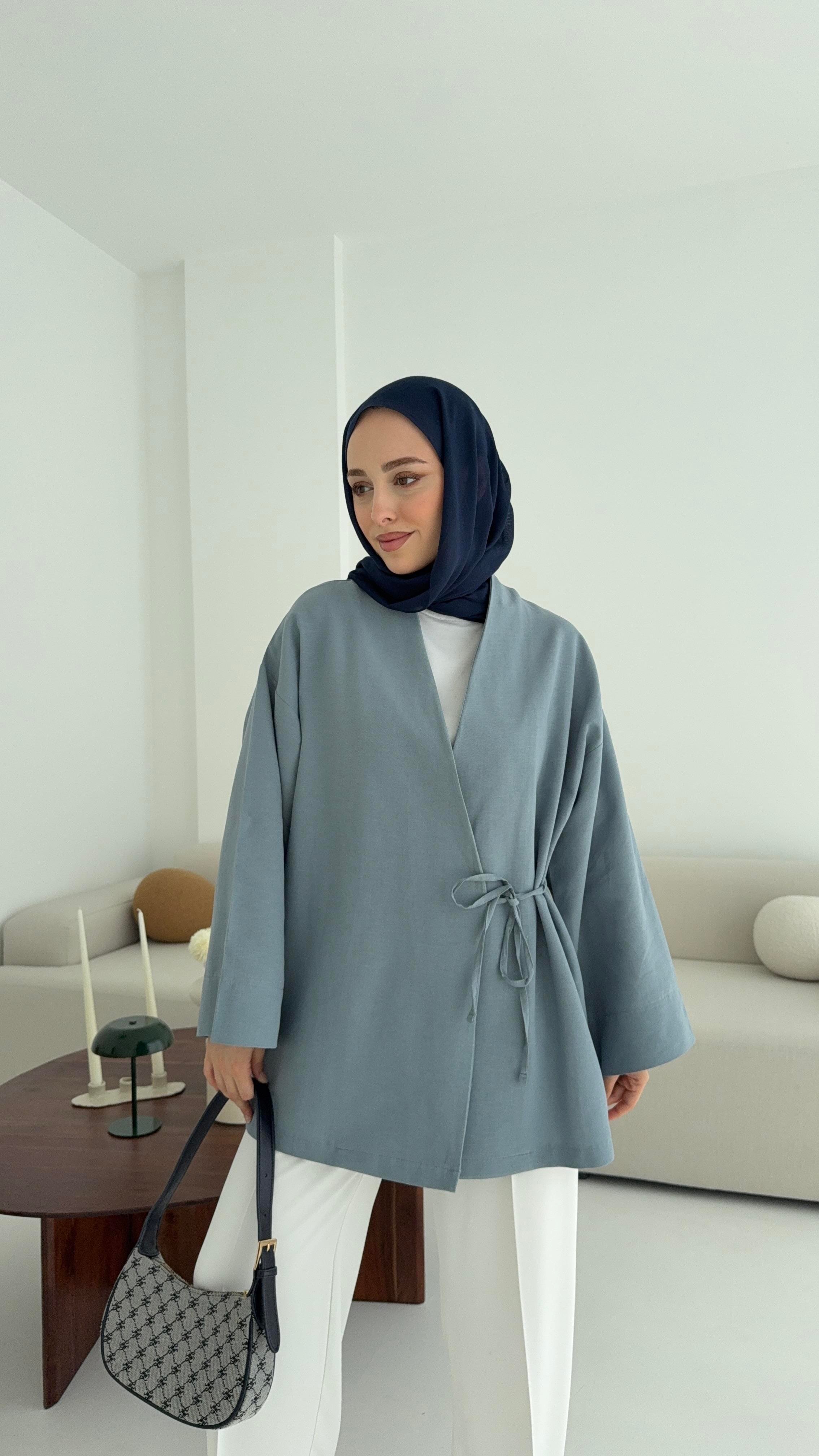 Pamuk Keten Yandan Bağlamalı Kimono Mavi