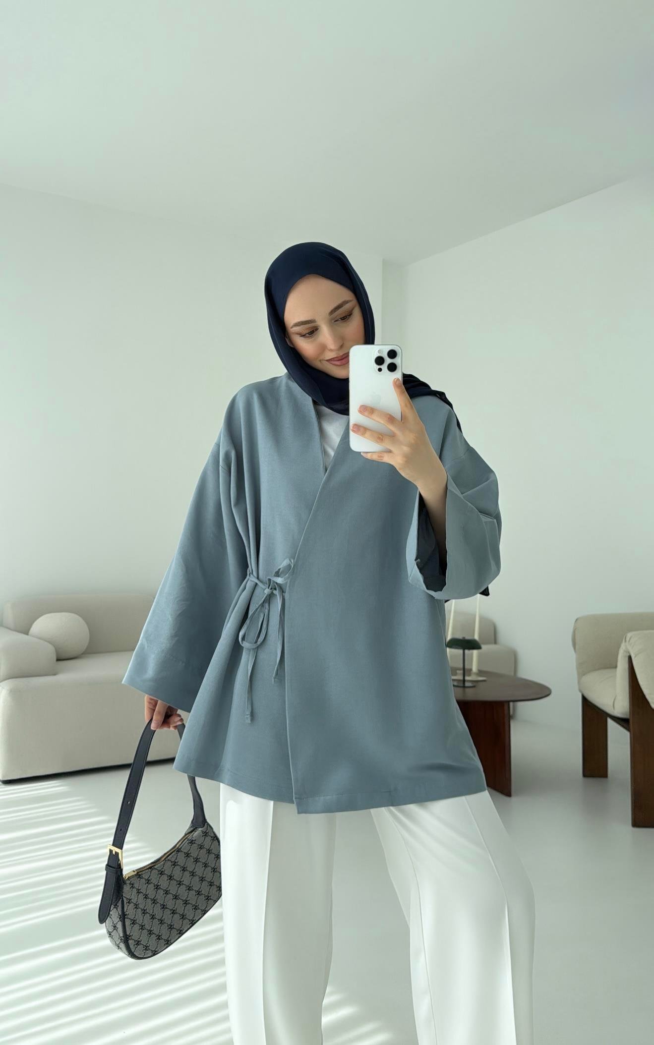 Pamuk Keten Yandan Bağlamalı Kimono Mavi