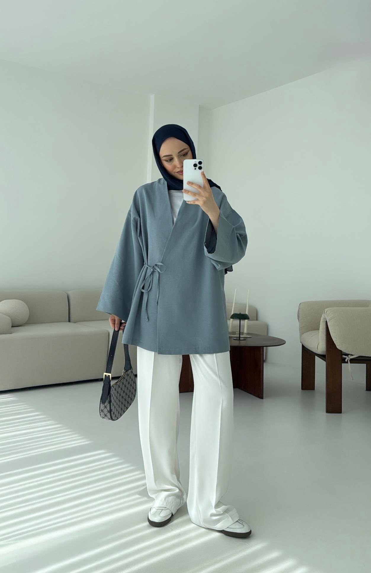 Pamuk Keten Yandan Bağlamalı Kimono Mavi