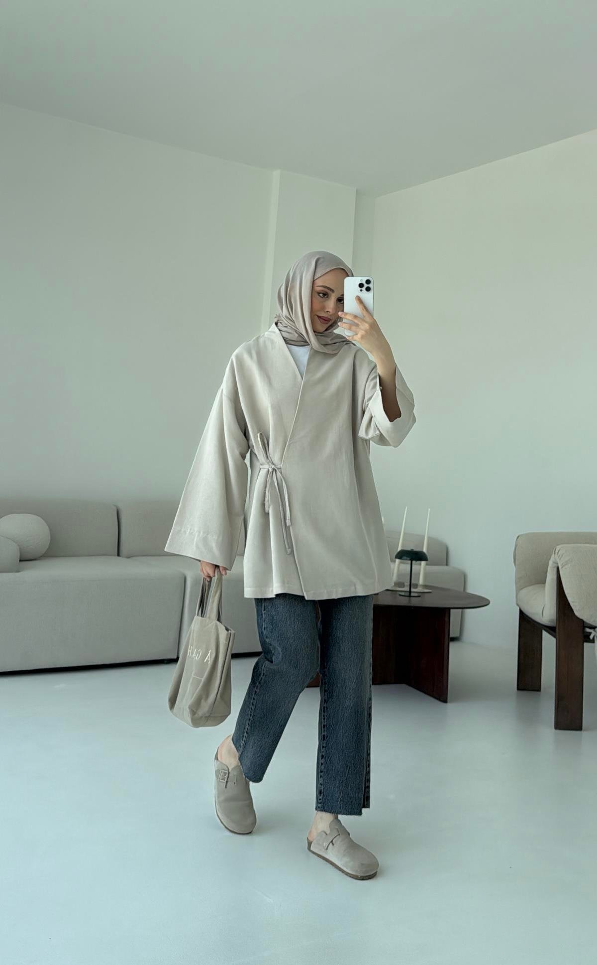 Pamuk Keten Yandan Bağlamalı Kimono Taş