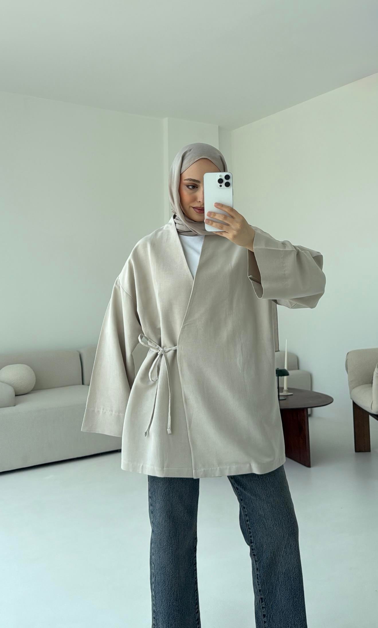 Pamuk Keten Yandan Bağlamalı Kimono Taş