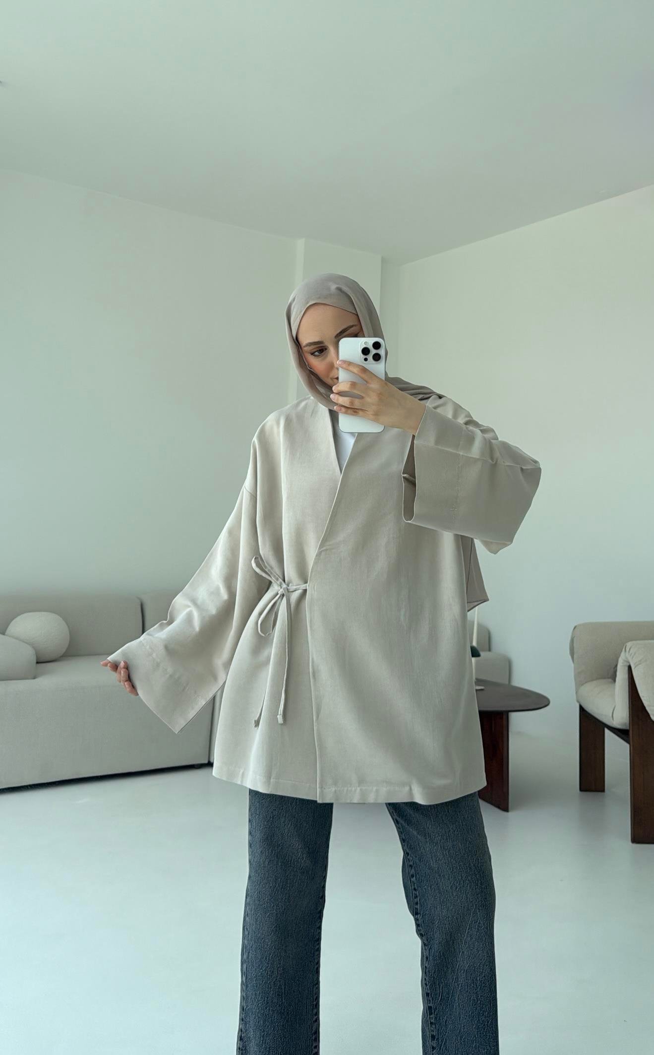 Pamuk Keten Yandan Bağlamalı Kimono Taş