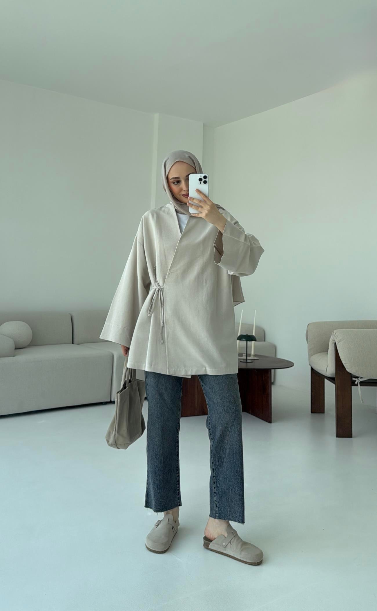 Pamuk Keten Yandan Bağlamalı Kimono Taş