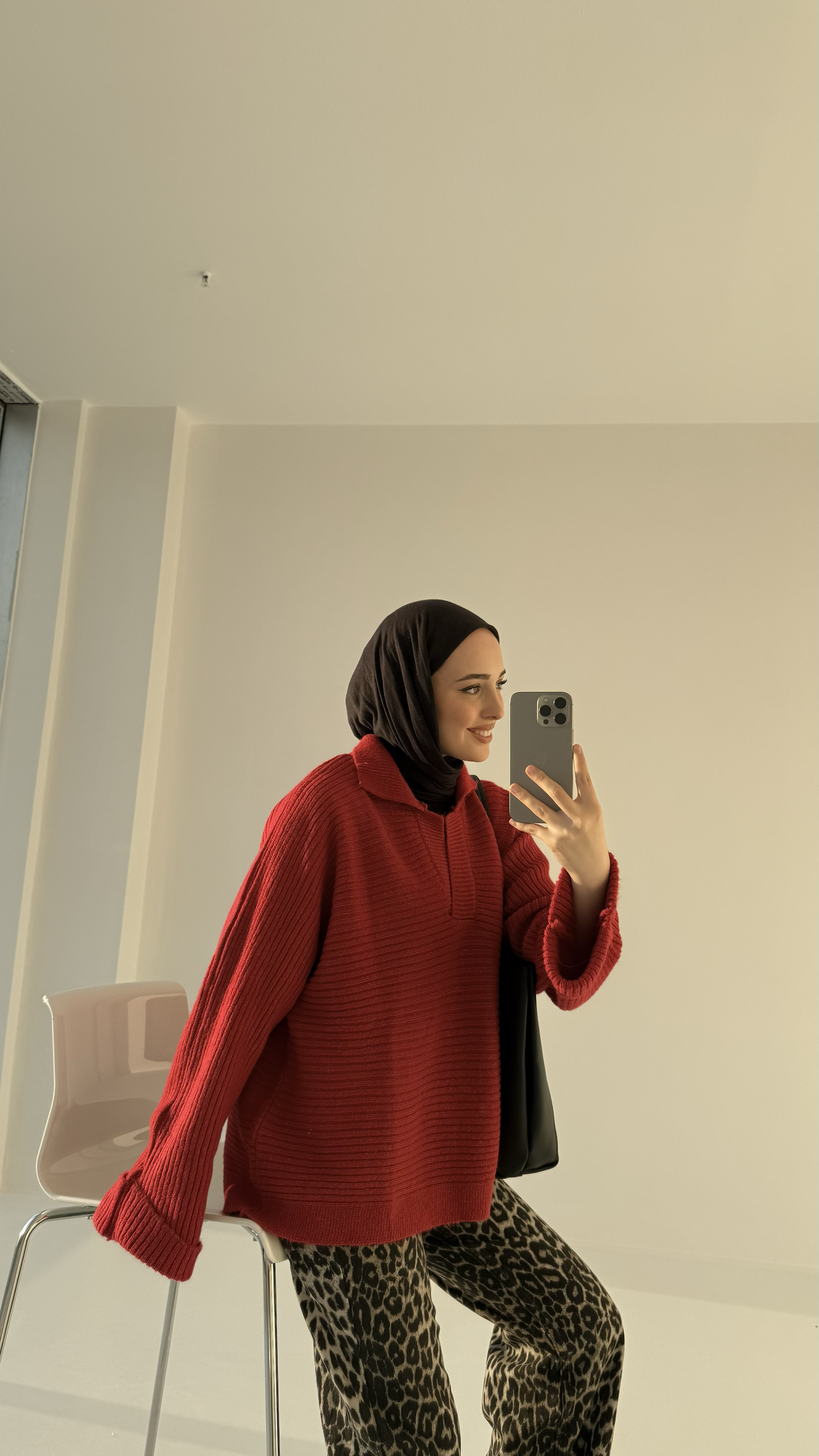 Premium Polo Yaka Kolu Katlamalı Yün Kazak Kırmızı