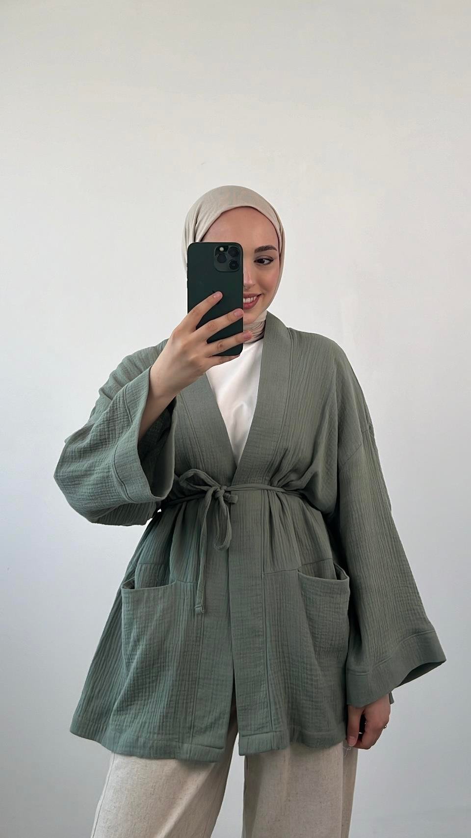 Seyyar Kemerli Müslin Kimono Acık Yeşil