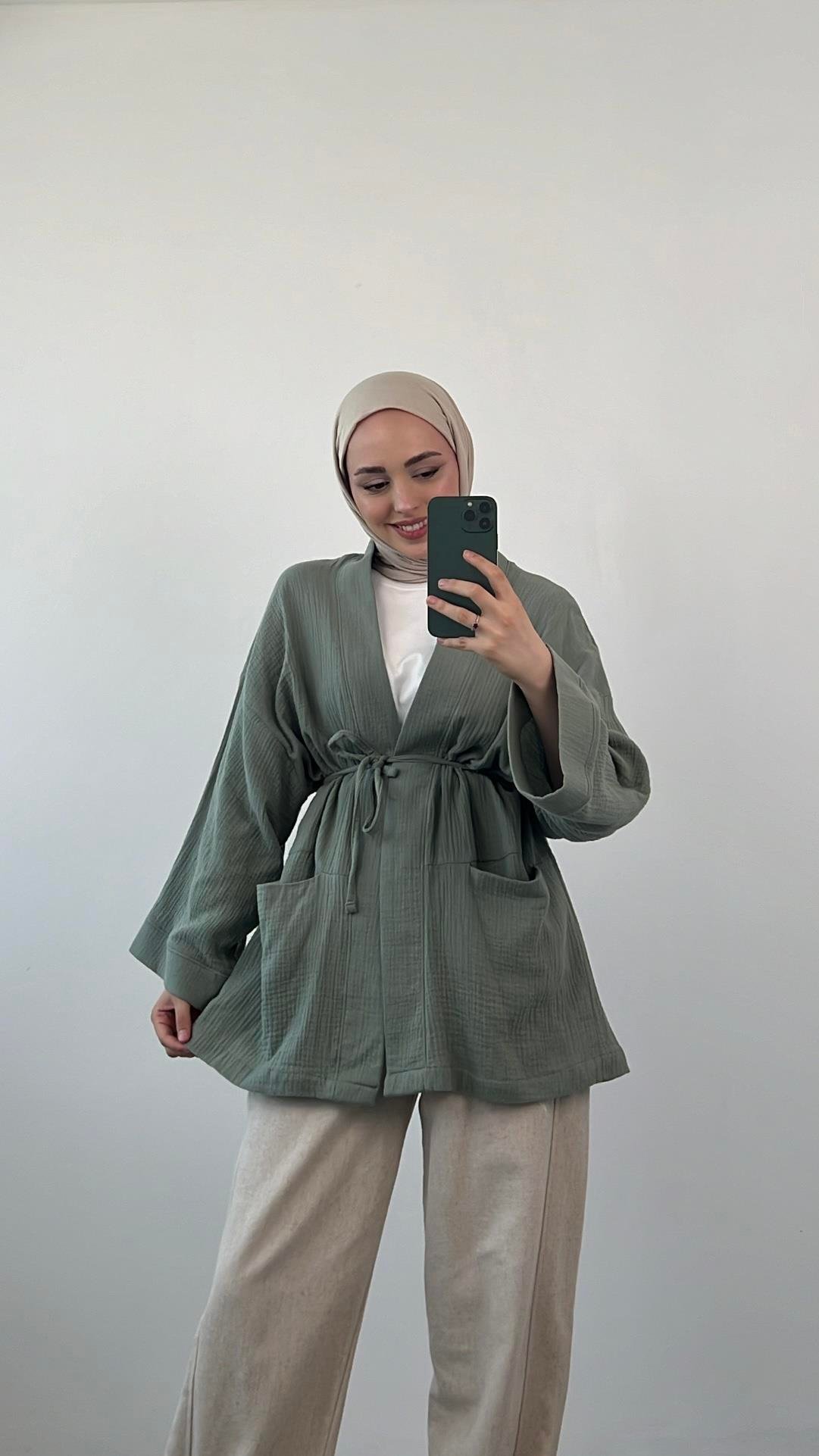 Seyyar Kemerli Müslin Kimono Acık Yeşil