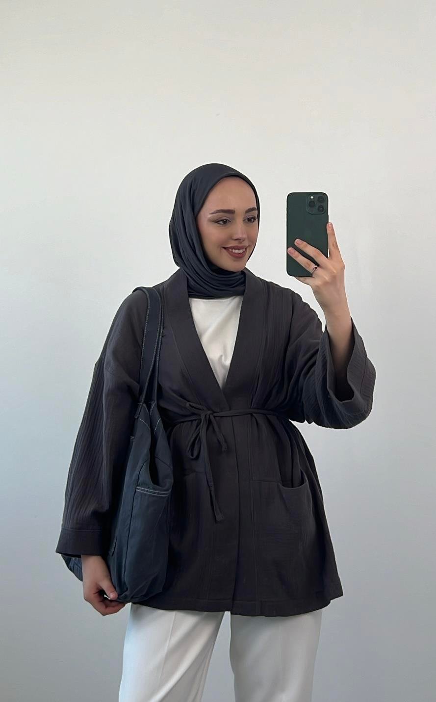 Seyyar Kemerli Müslin Kimono Antrasit