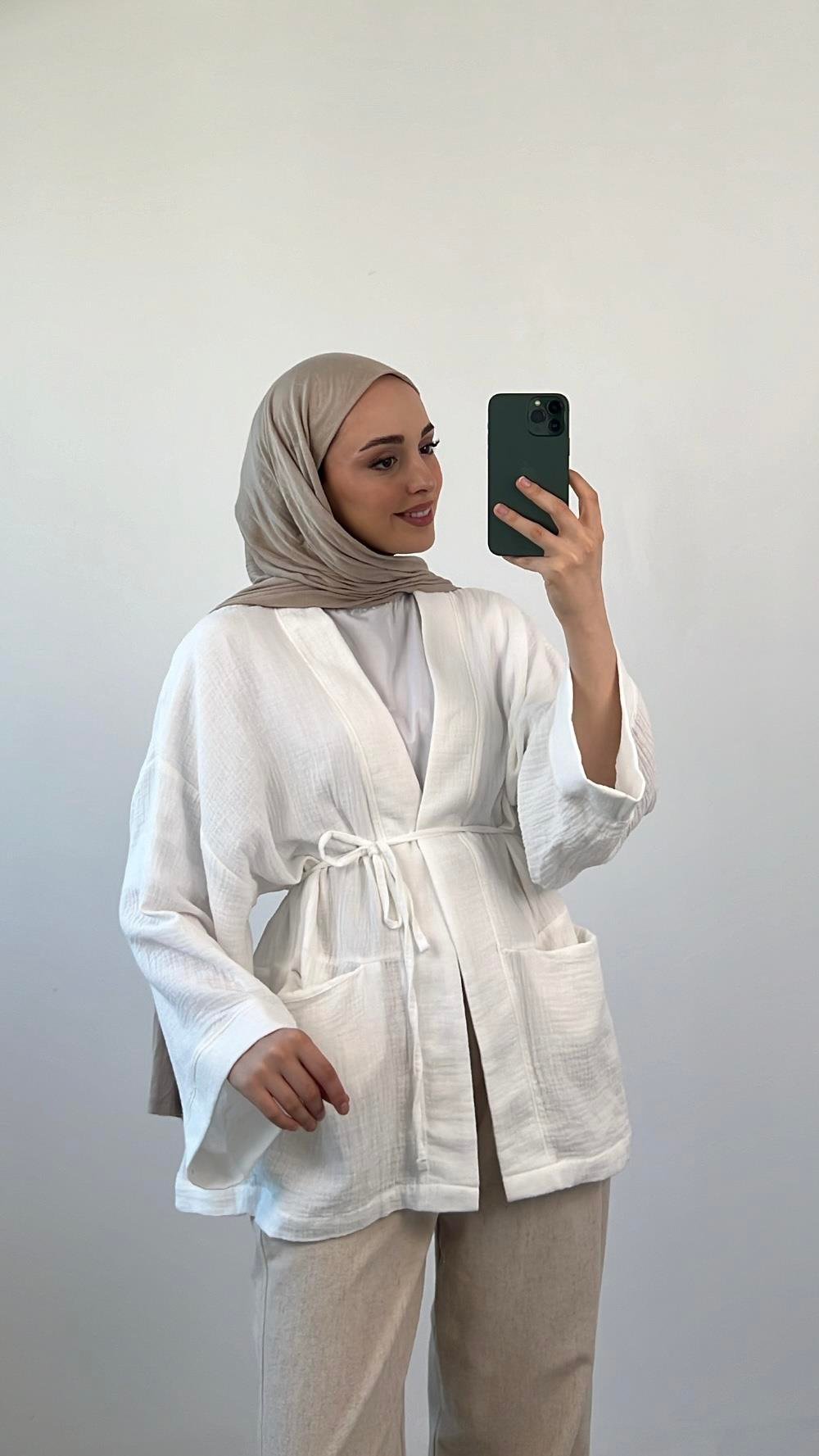 Seyyar Kemerli Müslin Kimono Beyaz