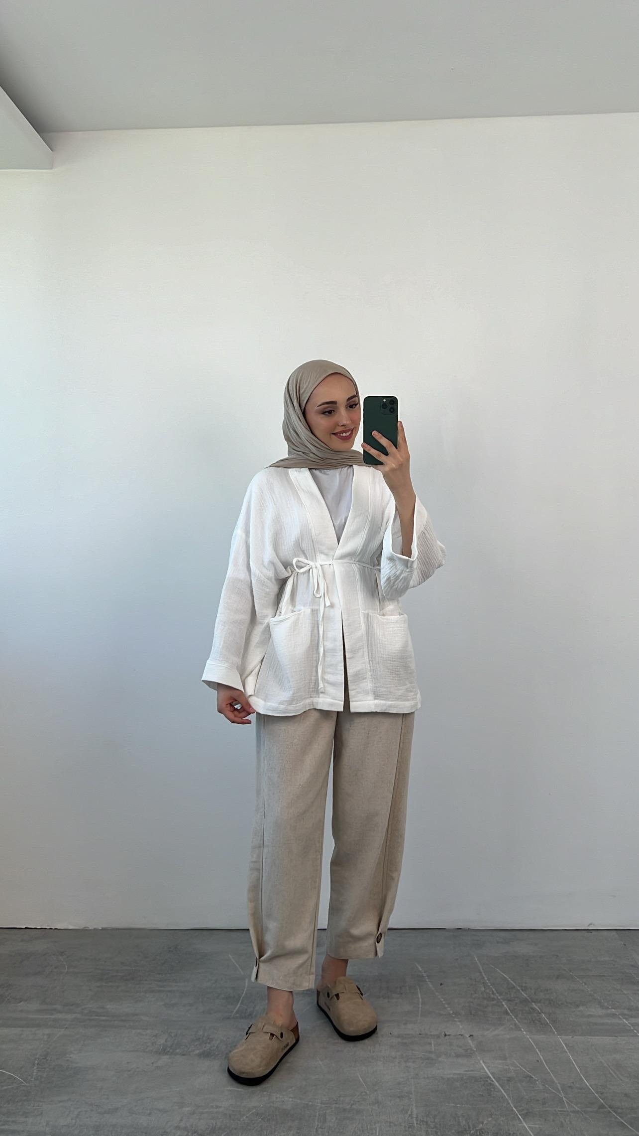 Seyyar Kemerli Müslin Kimono Beyaz