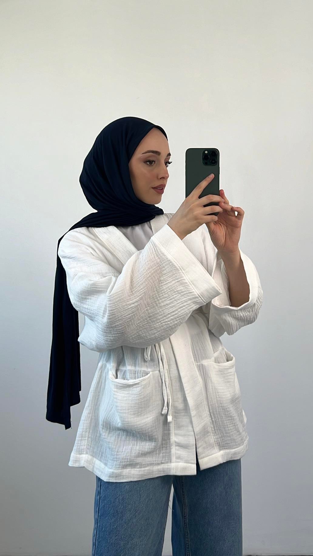 Seyyar Kemerli Müslin Kimono Beyaz