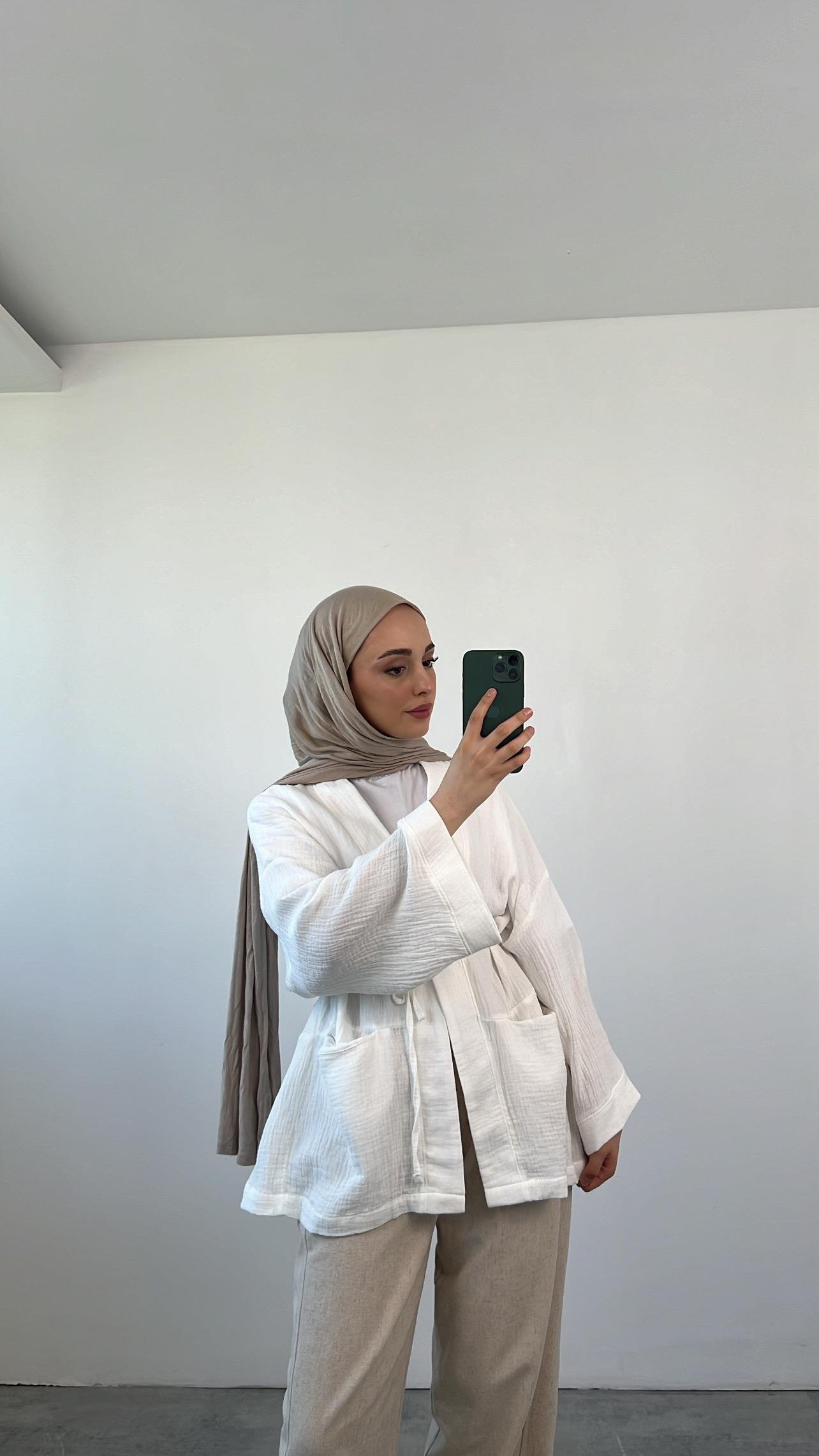 Seyyar Kemerli Müslin Kimono Beyaz