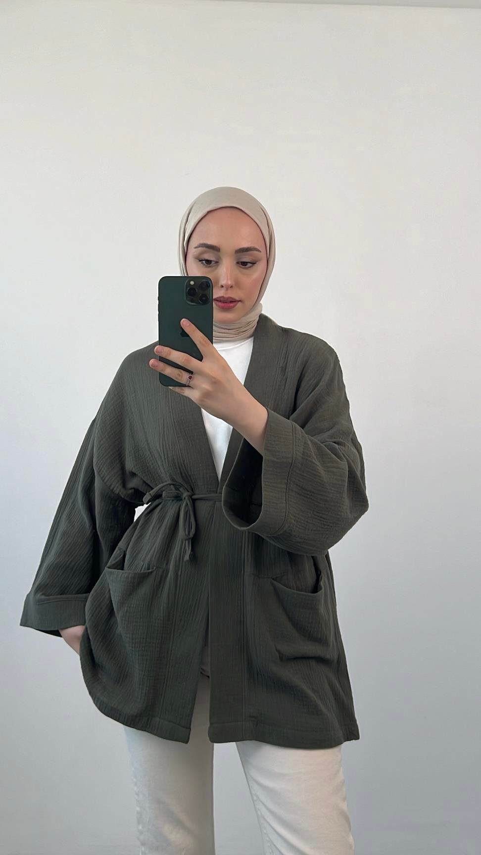 Seyyar Kemerli Müslin Kimono Haki