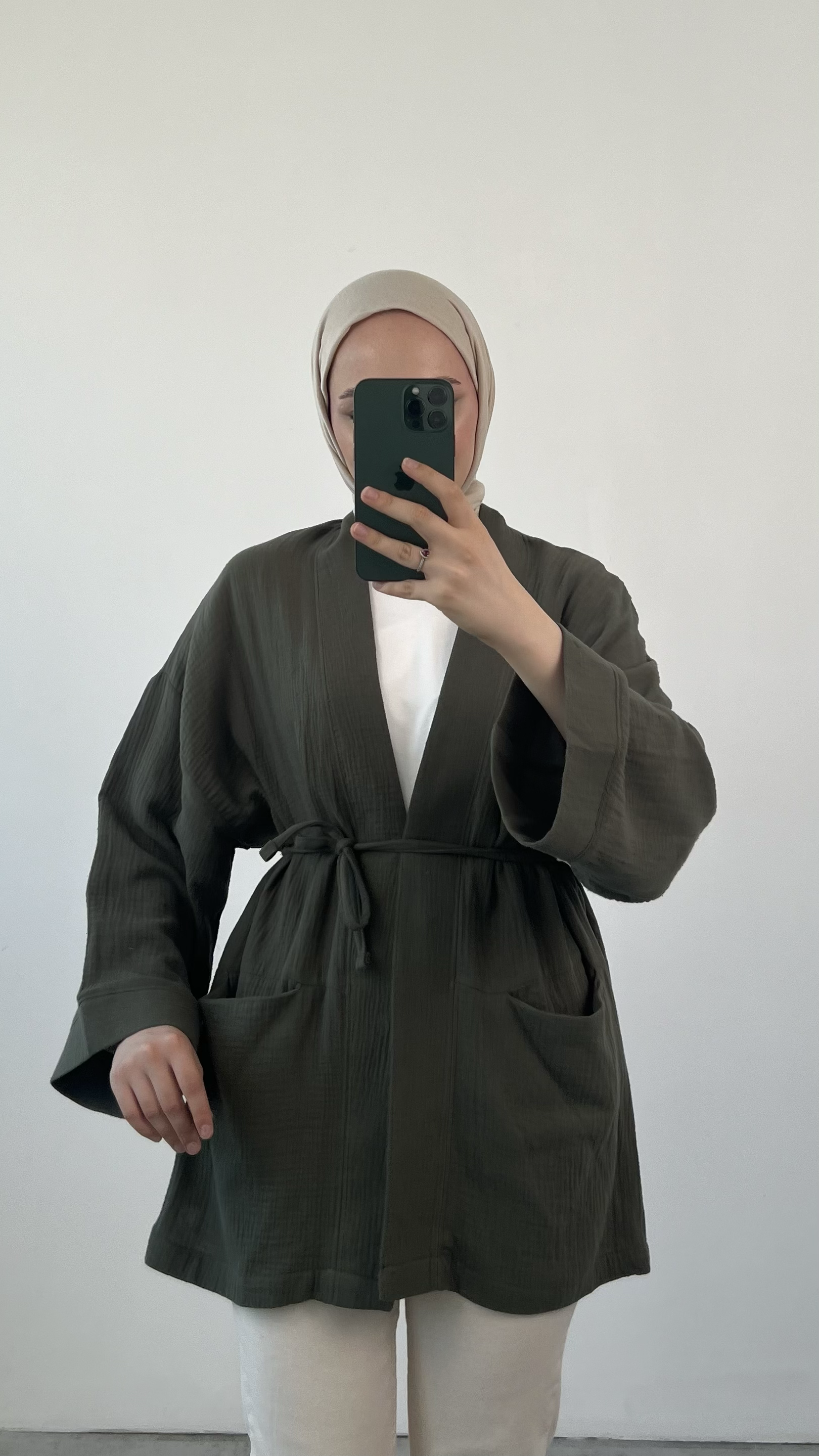 Seyyar Kemerli Müslin Kimono Haki