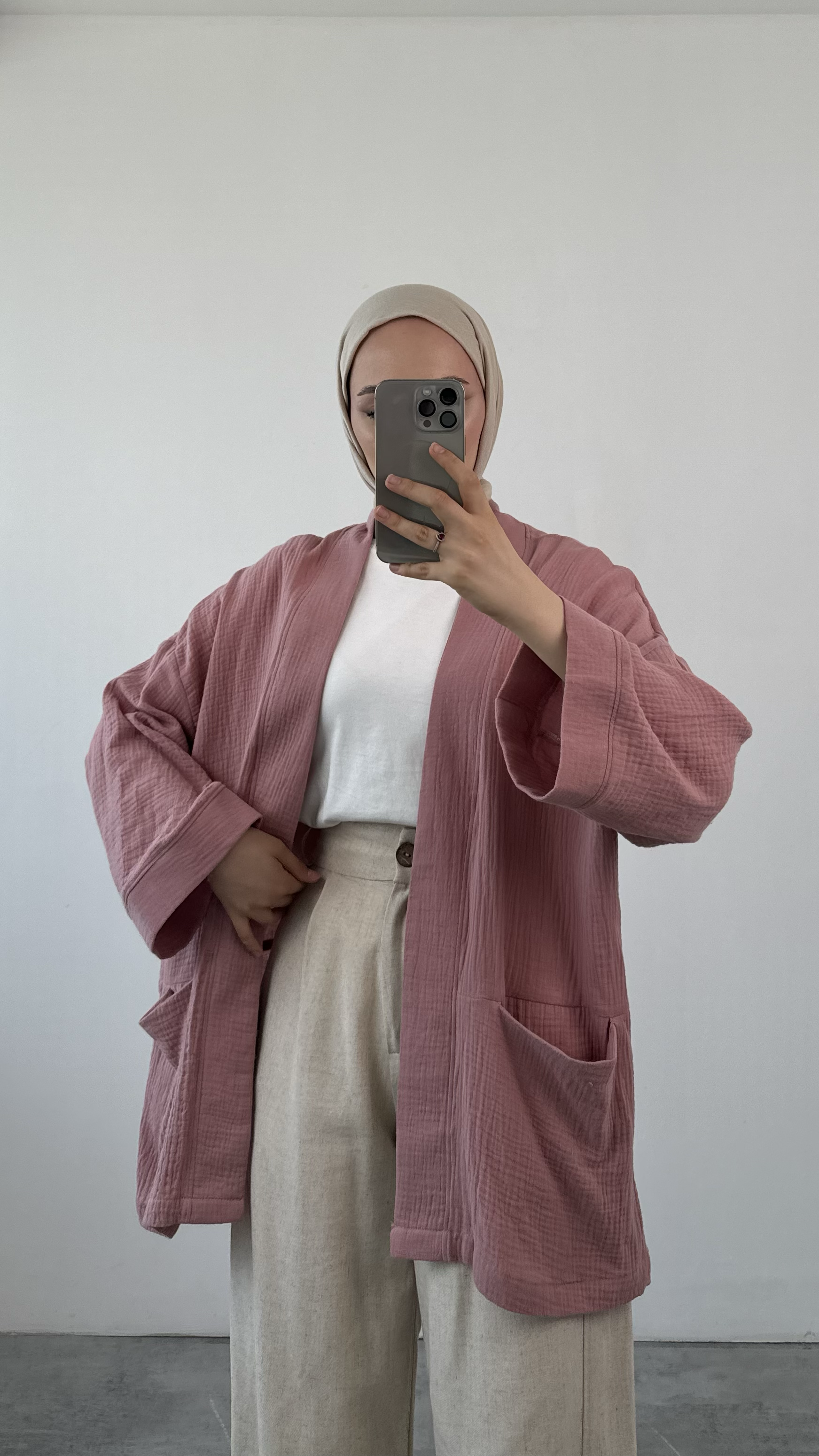 Seyyar Kemerli Müslin Kimono Kirli Pembe