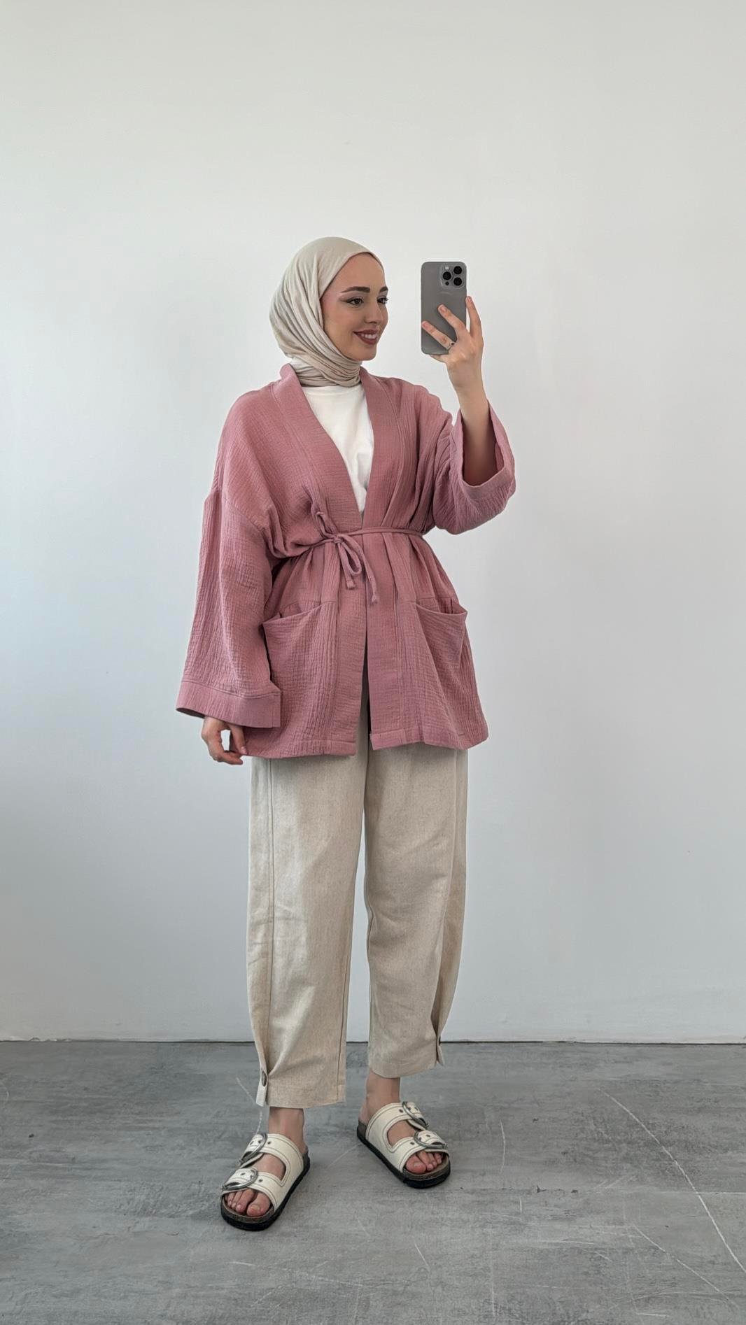Seyyar Kemerli Müslin Kimono Kirli Pembe