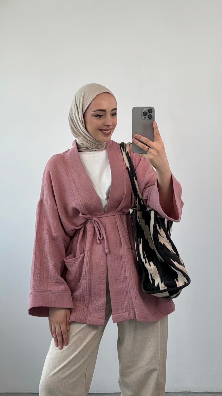 Seyyar Kemerli Müslin Kimono Kirli Pembe