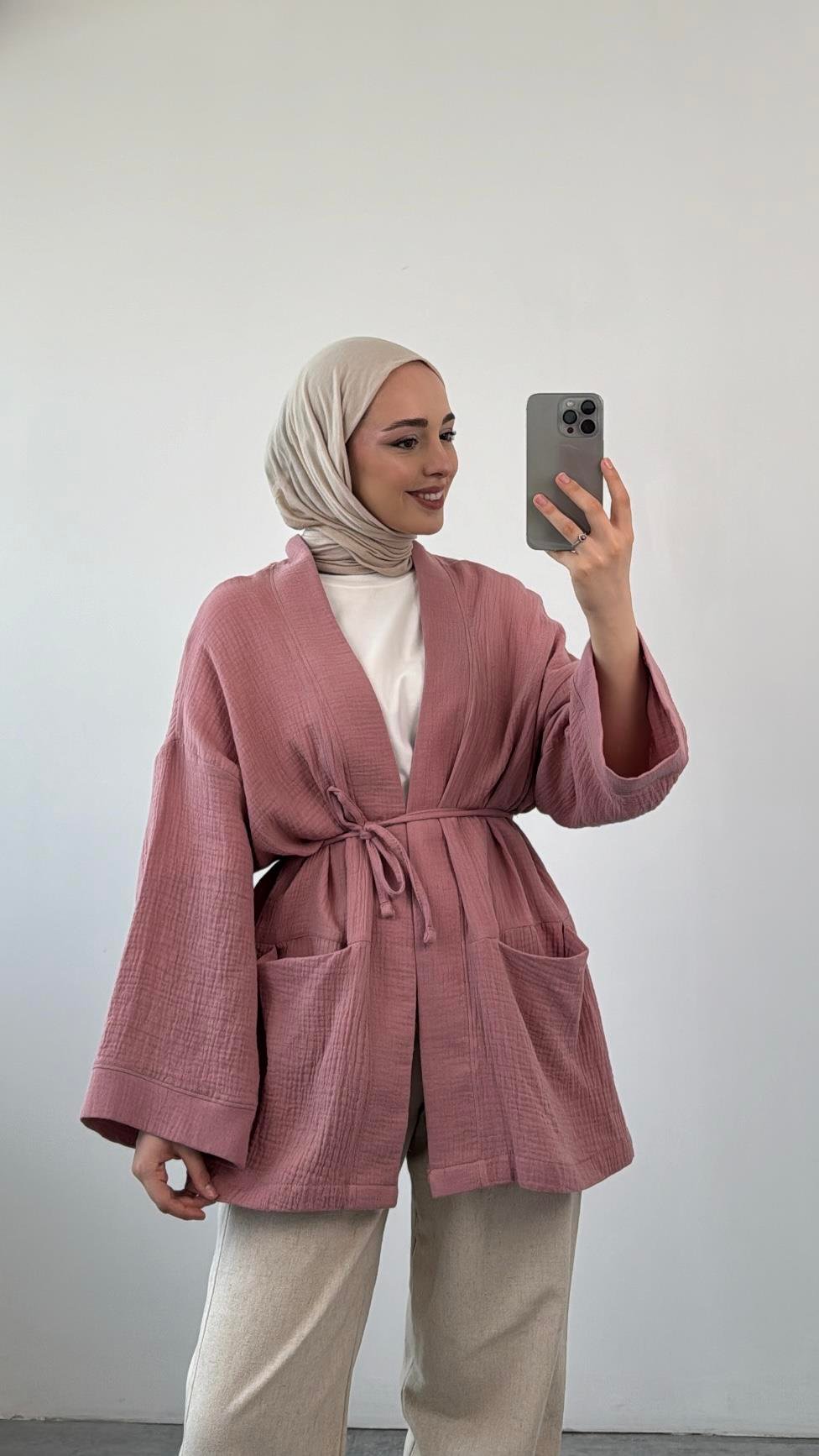 Seyyar Kemerli Müslin Kimono Kirli Pembe