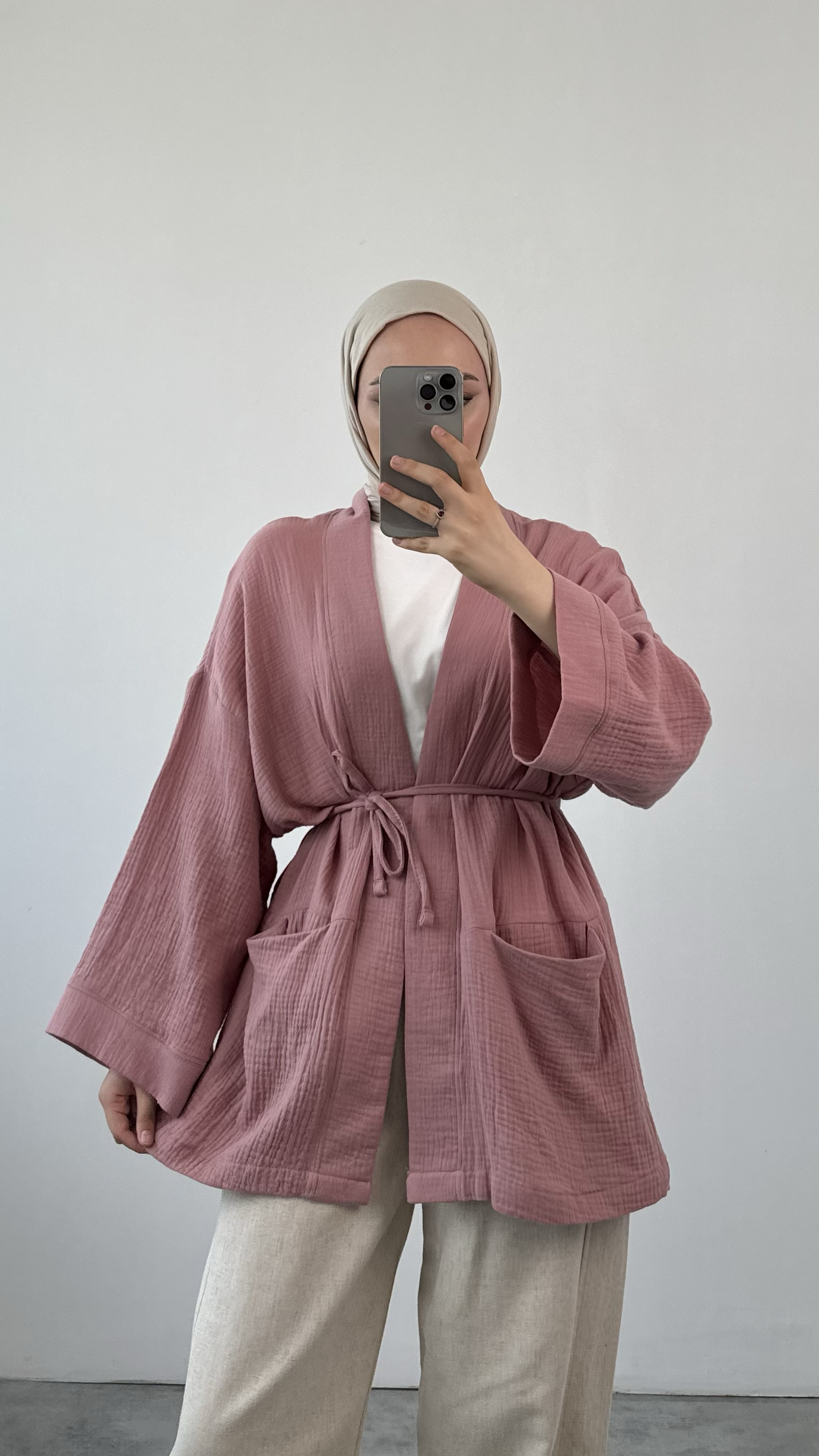 Seyyar Kemerli Müslin Kimono Kirli Pembe