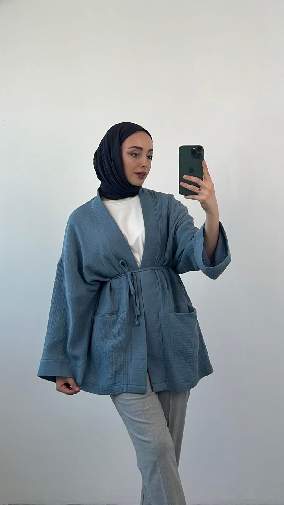 Seyyar Kemerli Müslin Kimono Mavi
