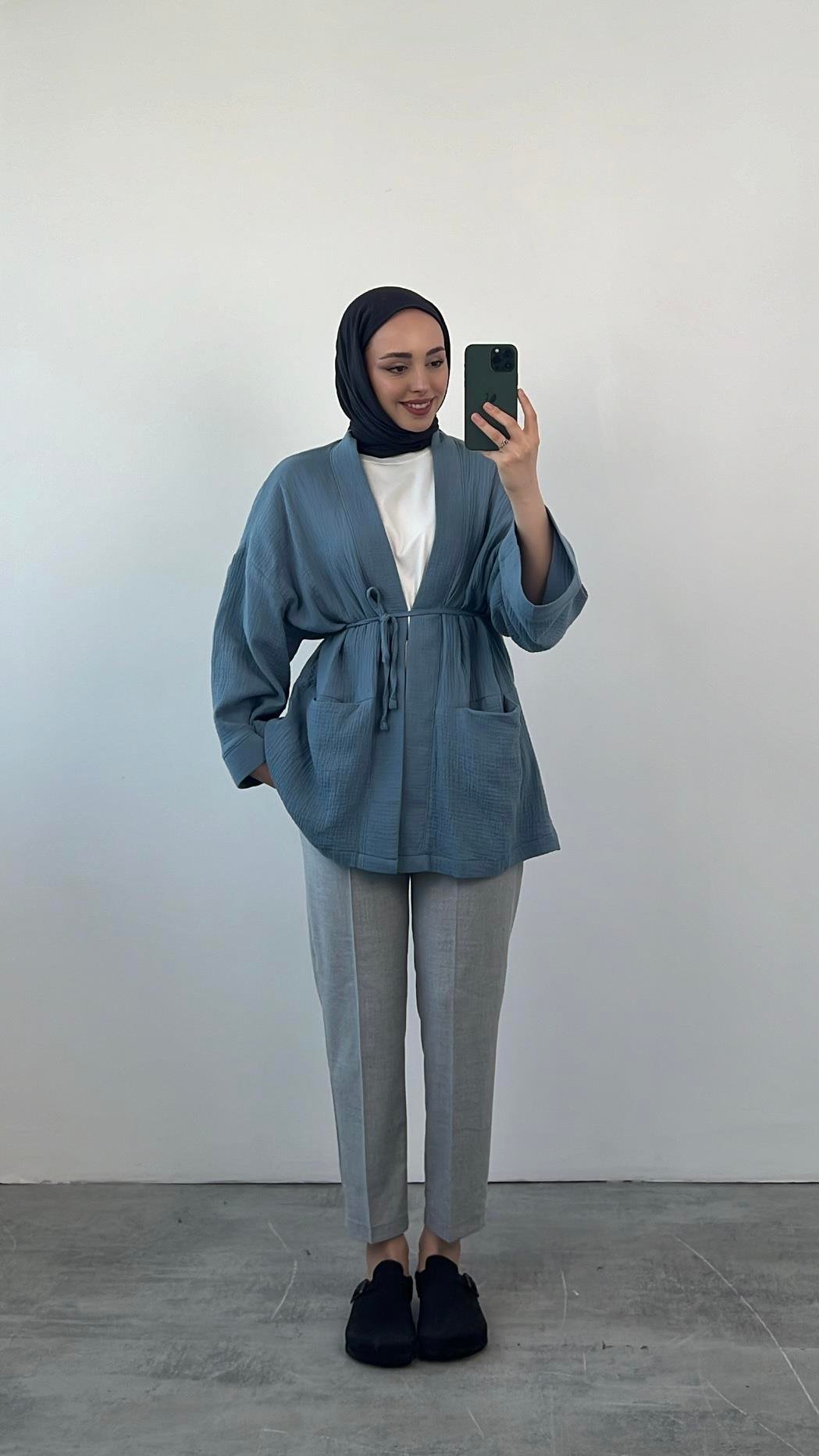 Seyyar Kemerli Müslin Kimono Mavi
