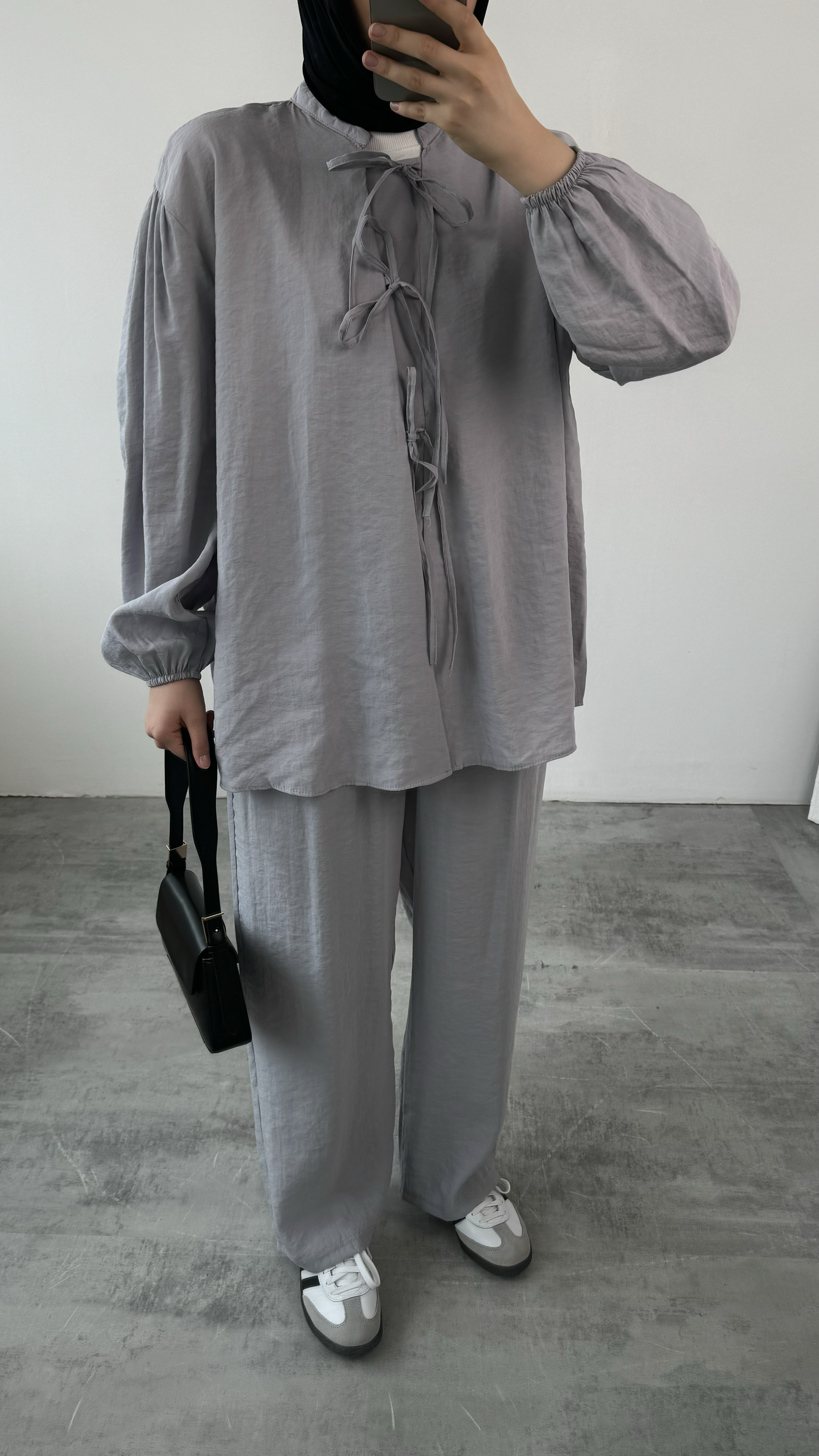 Tencel Önden Bağlamalı Kimonolu Takım Gri