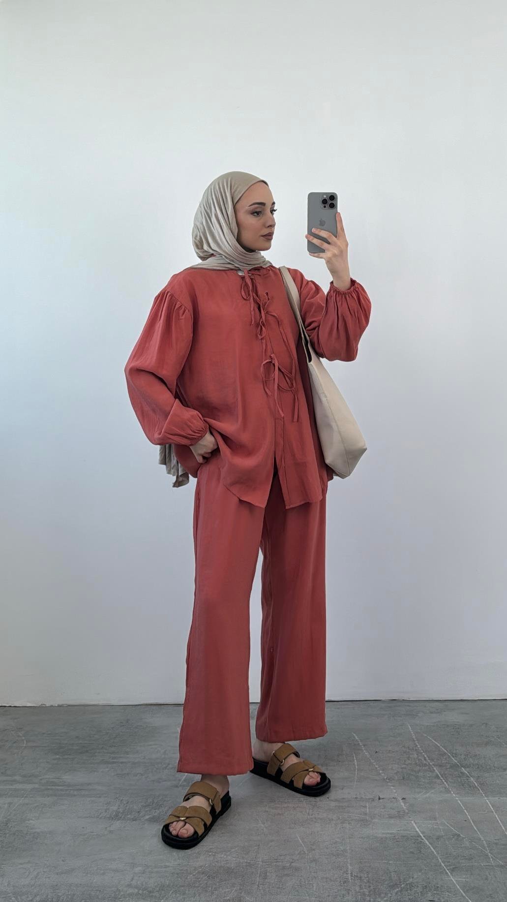 Tencel Önden Bağlamalı Kimonolu Takım  Kiremit