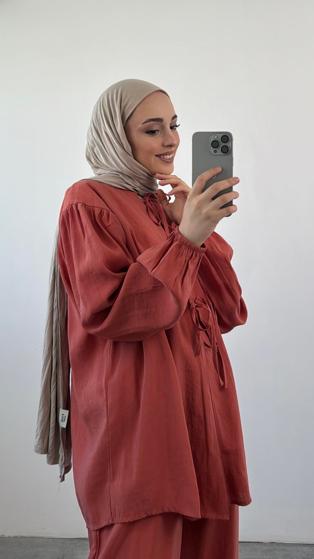 Tencel Önden Bağlamalı Kimonolu Takım  Kiremit